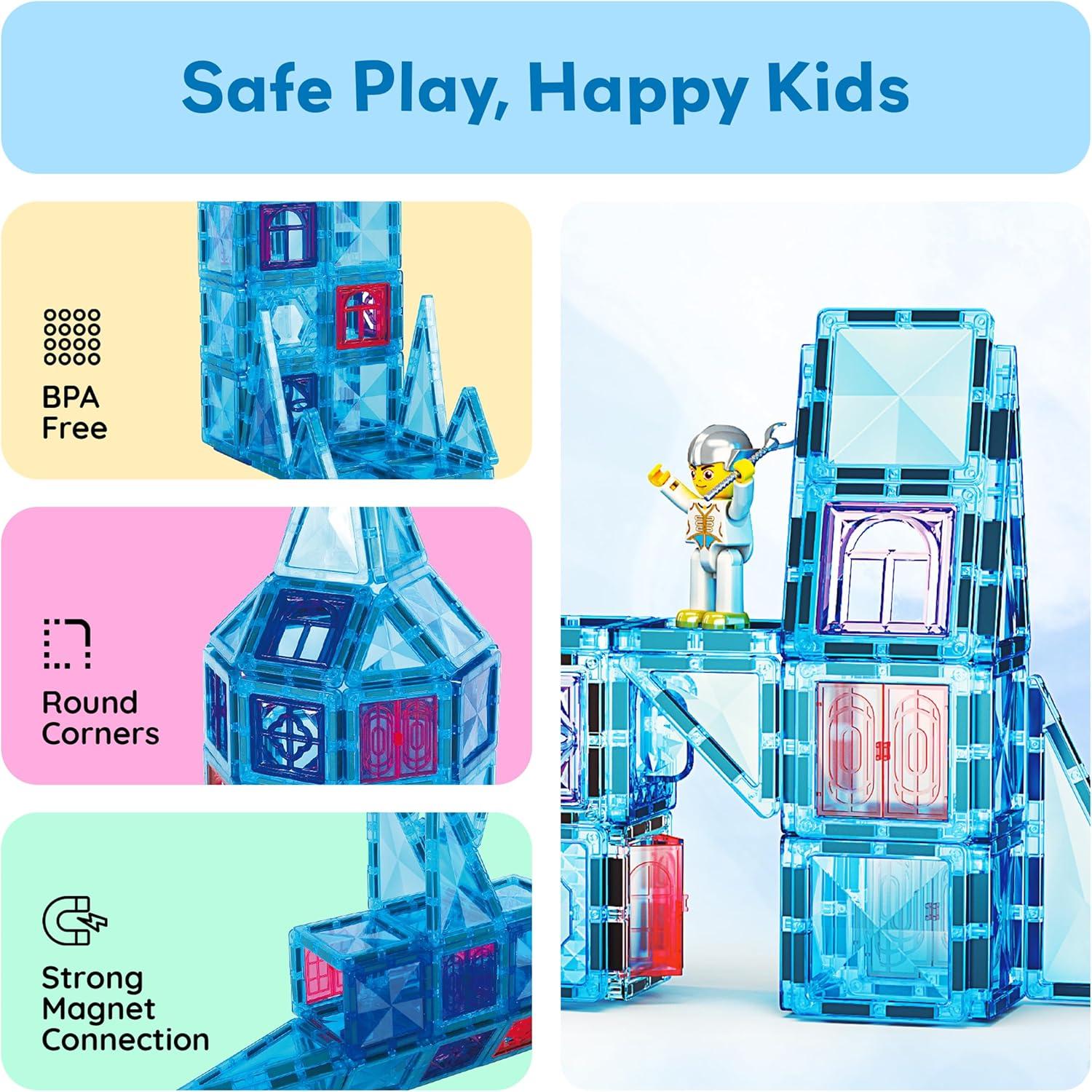 imagePicassoTiles 60 pcs Mini Magnetic Tiles Magnet Toys TravelFriendly OnTheGo Building Blocks for Kids Compact Lightweight Creative playset Preschool Montessori Early Learning STEM Kids Toy Ages 371pcs Mini With 2 Action Figures