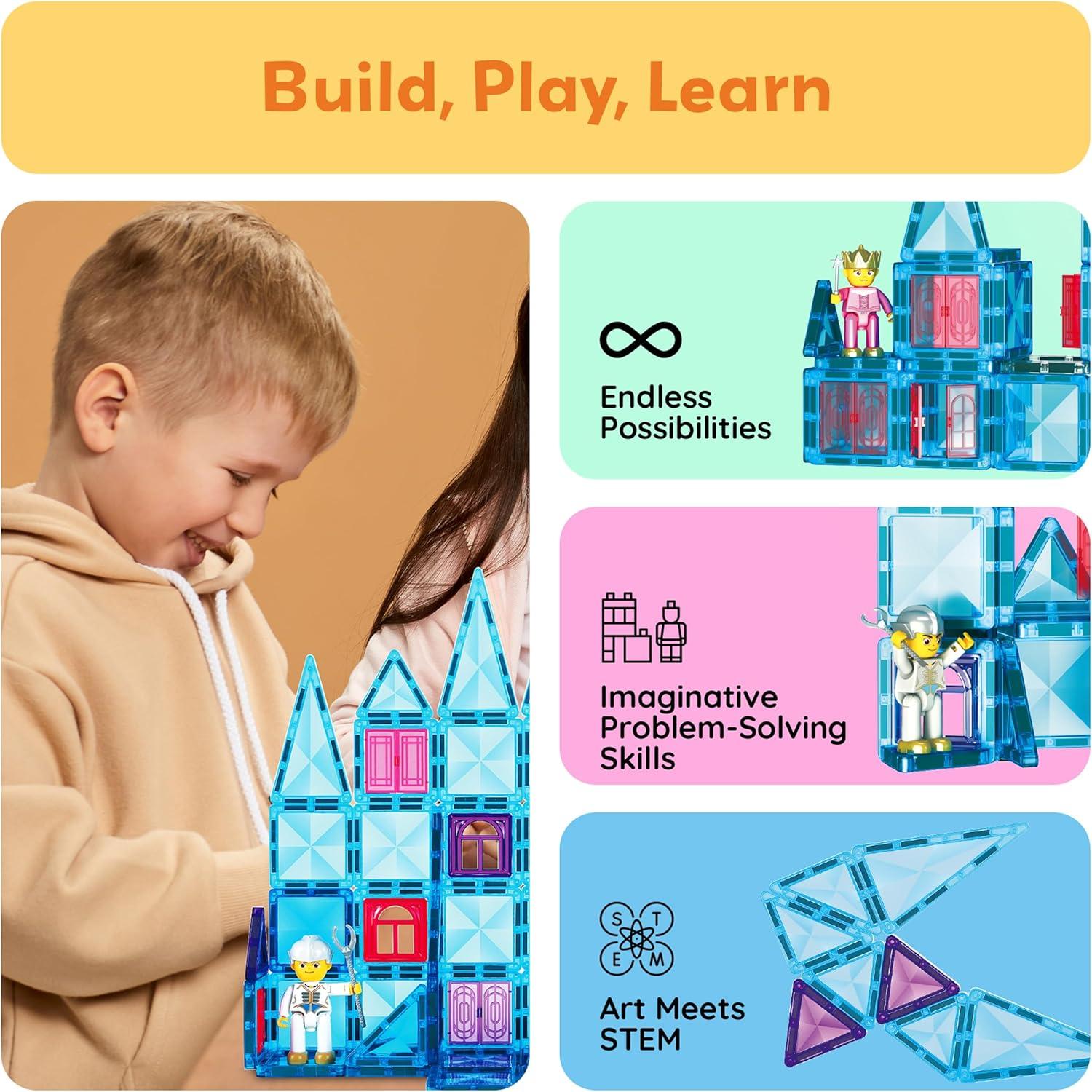 imagePicassoTiles 60 pcs Mini Magnetic Tiles Magnet Toys TravelFriendly OnTheGo Building Blocks for Kids Compact Lightweight Creative playset Preschool Montessori Early Learning STEM Kids Toy Ages 371pcs Mini With 2 Action Figures
