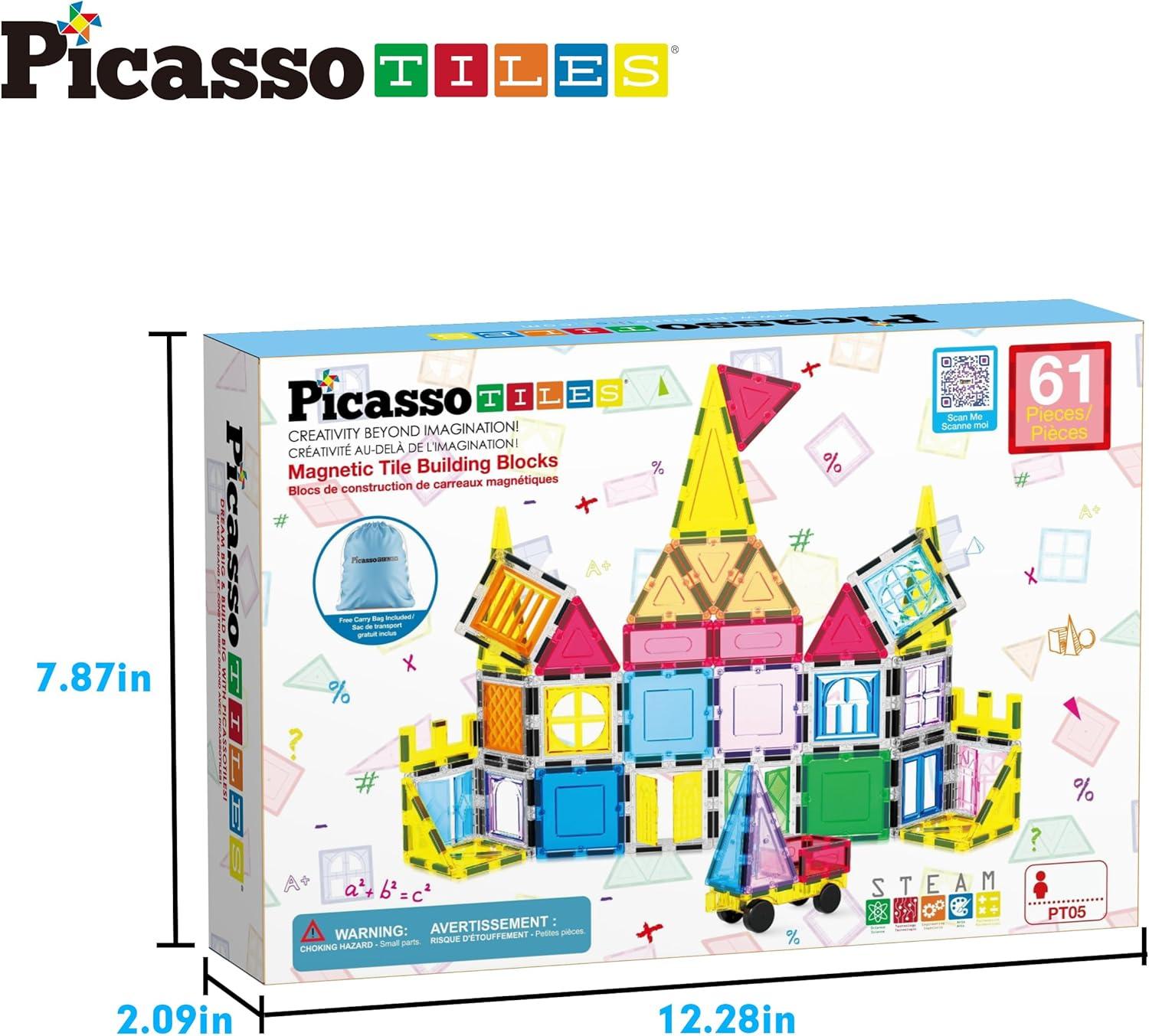 imagePicassoTiles Kids Toy Magnetic Building Blocks Magnet Tiles Supersized Large Stabilizer Base Jumbo XL Plate Foundation Education Construction Kit Engineering STEM Children Learning Stacking Set61pc with Carry Case