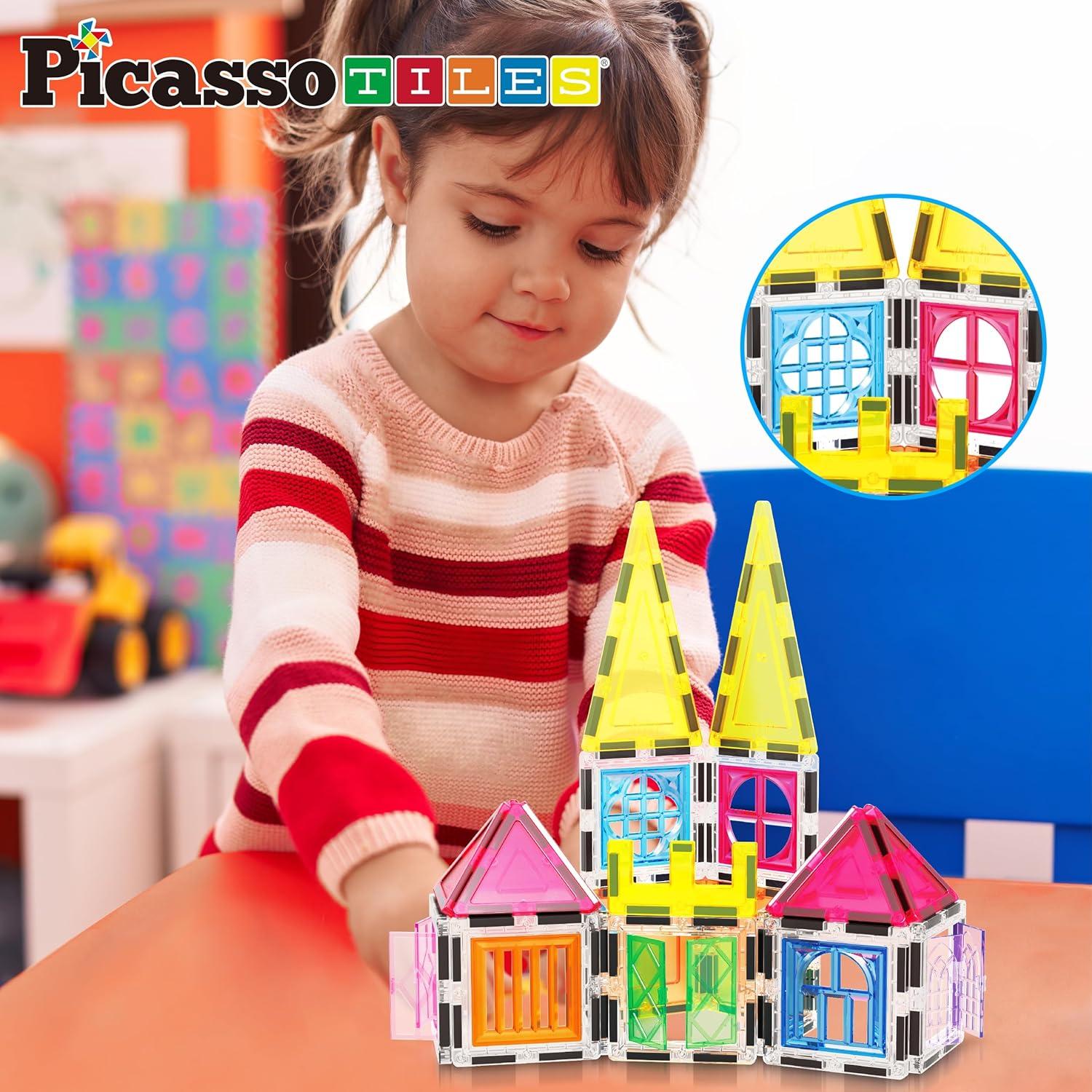 imagePicassoTiles Kids Toy Magnetic Building Blocks Magnet Tiles Supersized Large Stabilizer Base Jumbo XL Plate Foundation Education Construction Kit Engineering STEM Children Learning Stacking Set61pc with Carry Case