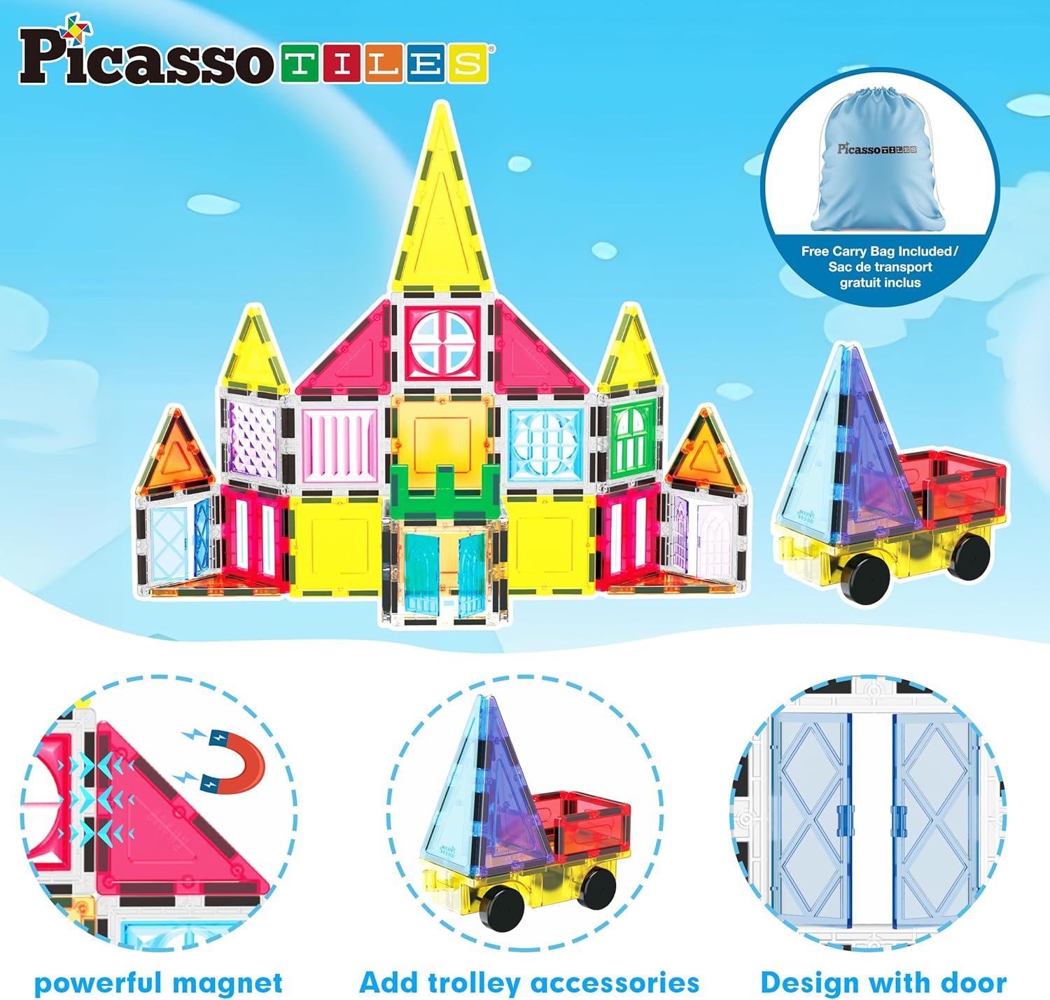 imagePicassoTiles Kids Toy Magnetic Building Blocks Magnet Tiles Supersized Large Stabilizer Base Jumbo XL Plate Foundation Education Construction Kit Engineering STEM Children Learning Stacking Set101pc with Carry Case