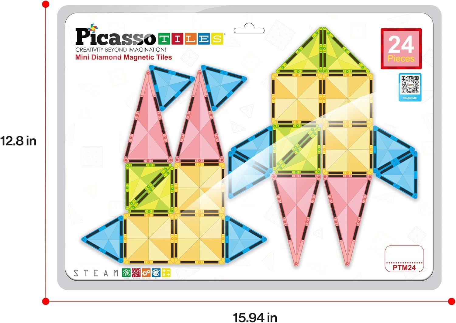 imagePicassoTiles Magnetic Tile 24pc Mini Diamond Magnetic Building Blocks Set Travel Size STEM Educational Construction Toy Portable Hands On Learning Creative Open Ended Play for Kids Ages 3 Plus PTM24Mini 24pcs