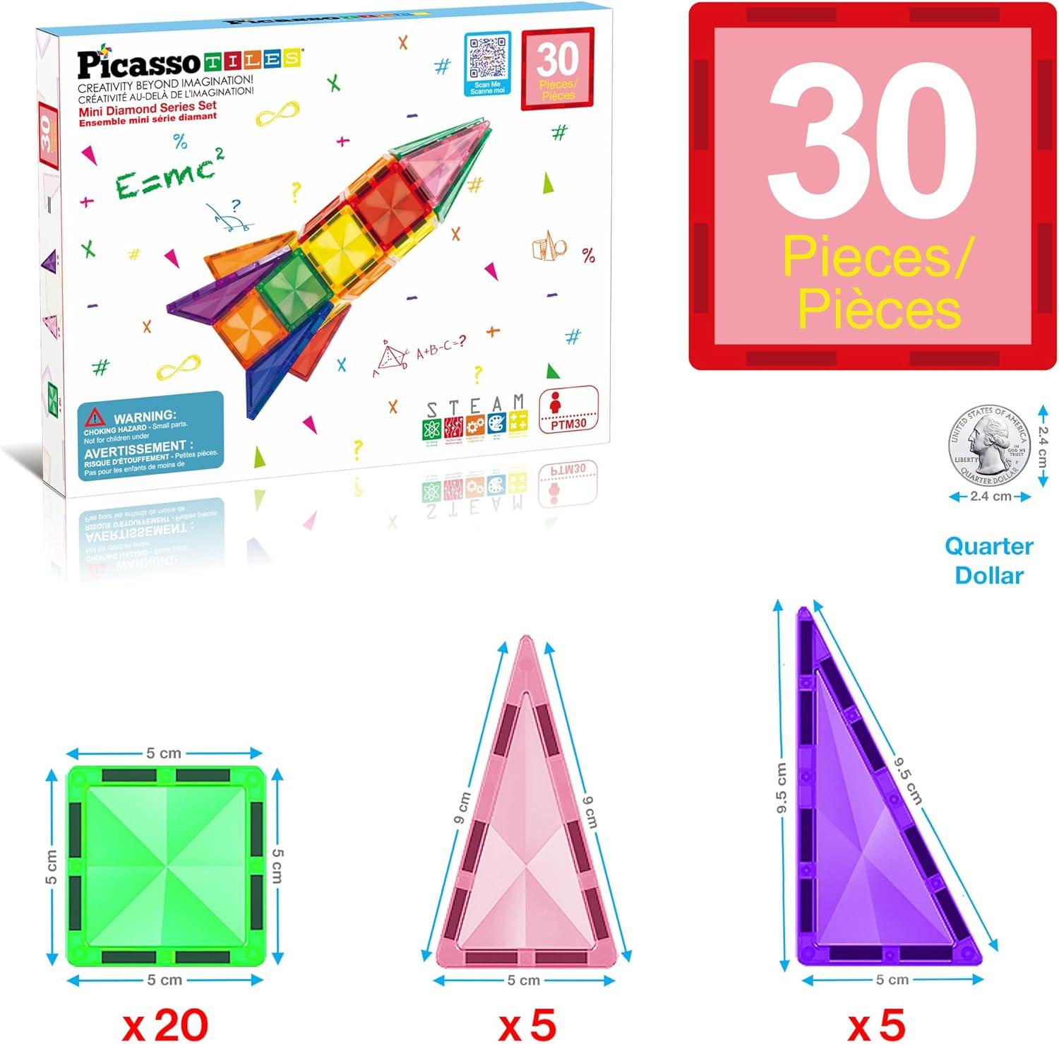 imagePicassoTiles Magnetic Tile 24pc Mini Diamond Magnetic Building Blocks Set Travel Size STEM Educational Construction Toy Portable Hands On Learning Creative Open Ended Play for Kids Ages 3 Plus PTM24Mini 30pcs