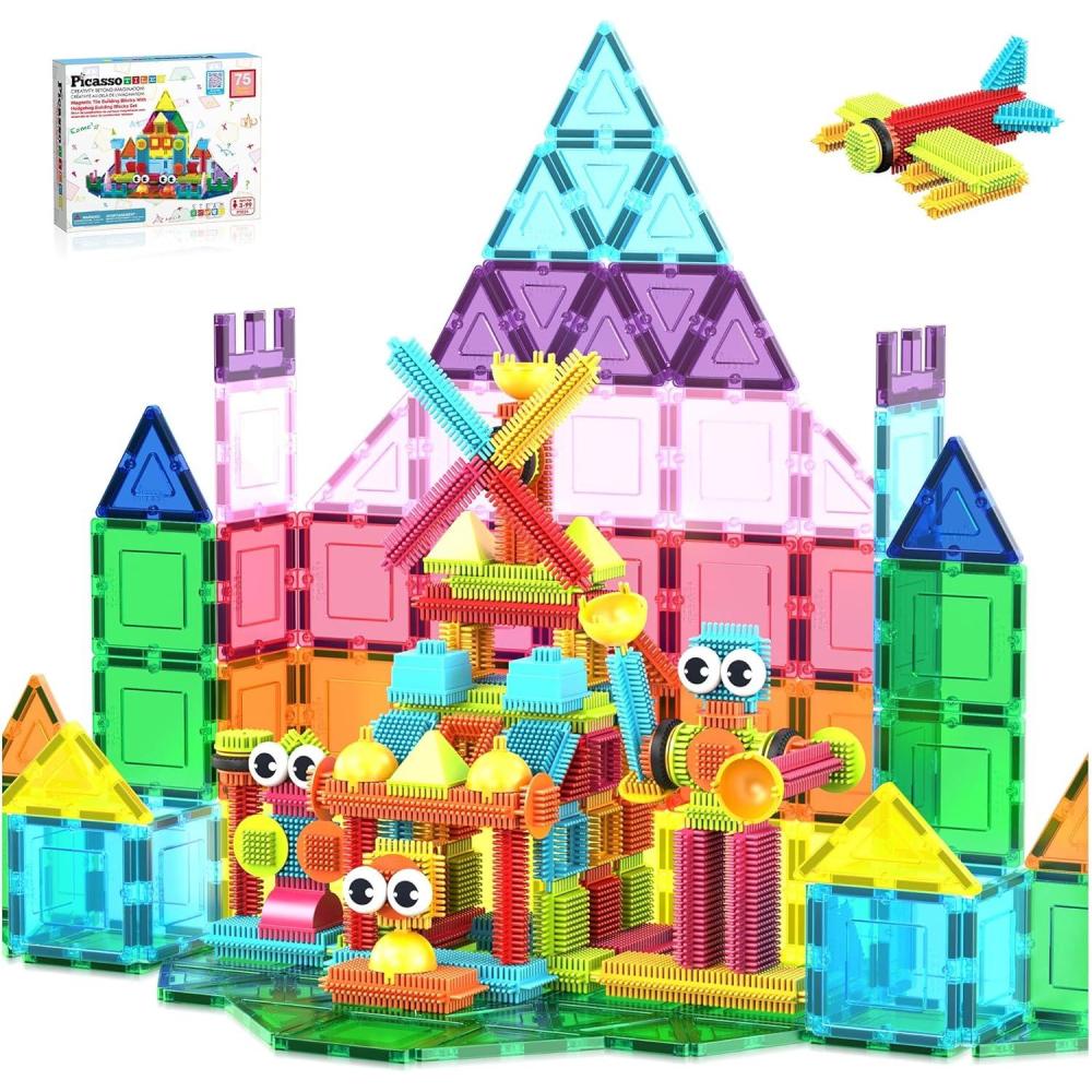 imagePicassoTiles Kids Toy Magnetic Building Blocks Magnet Tiles Supersized Large Stabilizer Base Jumbo XL Plate Foundation Education Construction Kit Engineering STEM Children Learning Stacking Set75 pcs 2in1