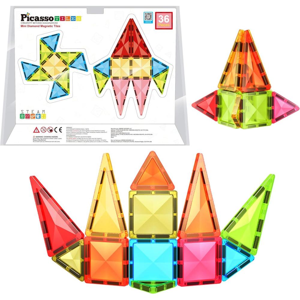 imagePicassoTiles Magnetic Tiles Building Blocks Mini Size Diamond Series Magnet Toys Travel Size OnTheGo Magnets Construction Sensory Toys Gifts Educational Set Toddlers STEM Learning Kit Playset PTM40Mini 36pcs