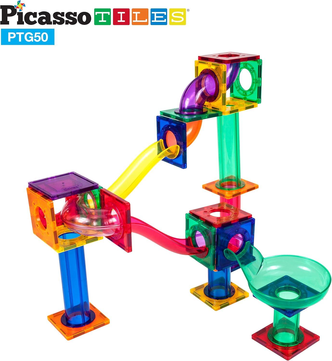 imagePicassoTiles 50PC Marble Run Race Track  Carry Case Bundle STEAM Educational Playset for Kids Includes Travel Storage Organizer  Fun Learning Construction Toy Creative Design Sensory Development