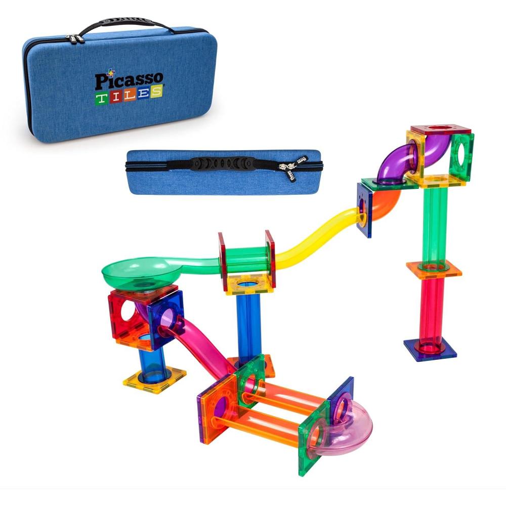 imagePicassoTiles 50PC Marble Run Race Track  Carry Case Bundle STEAM Educational Playset for Kids Includes Travel Storage Organizer  Fun Learning Construction Toy Creative Design Sensory Development