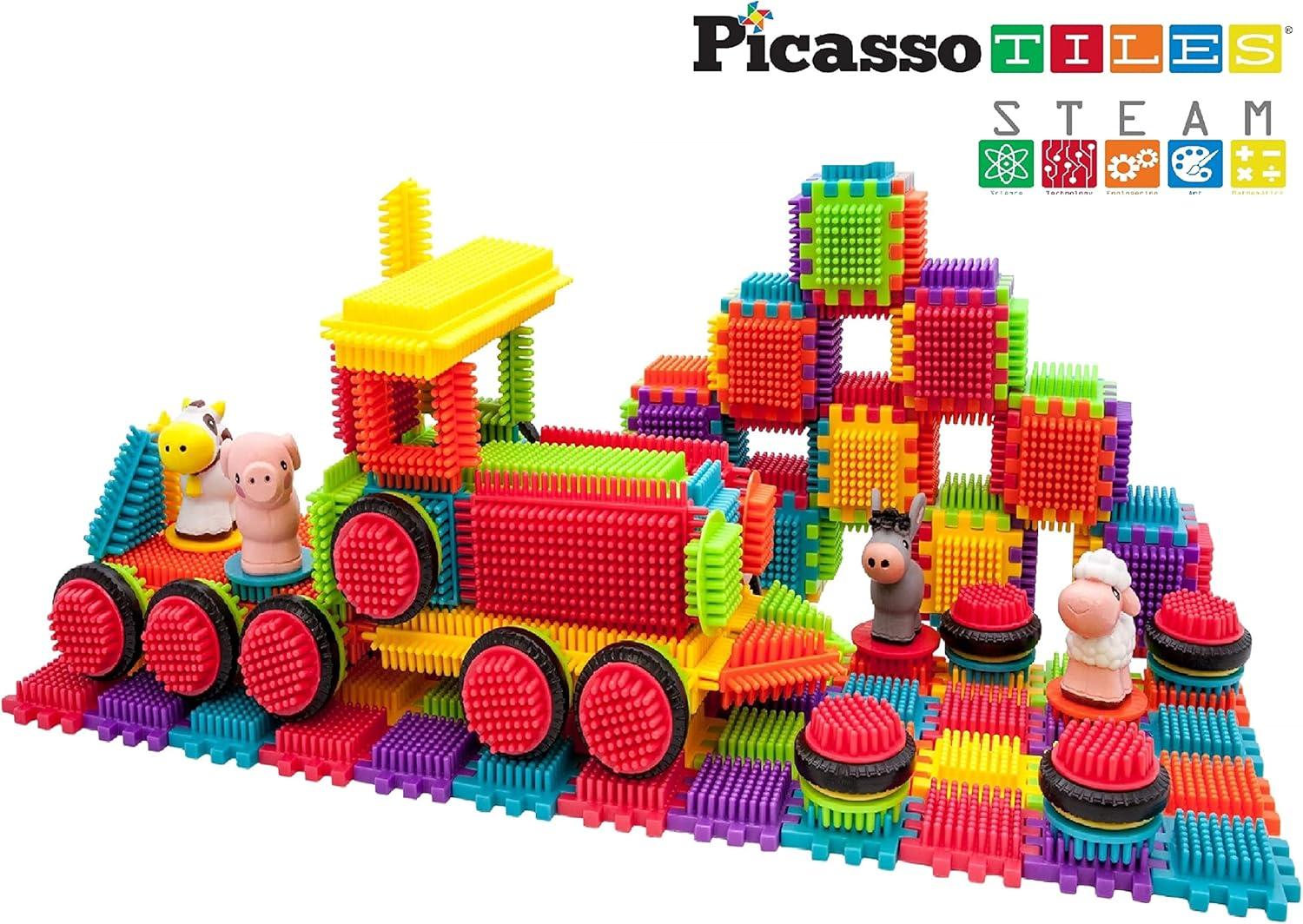 imagePicassoTiles 151PC  120PC Hedgehog Interlock Building Blocks Includes Truck Theme Set with Animal Figures STEAM Learning ampamp Educational Sensory Playset for Preschool and Kindergarten Kids Ages 3