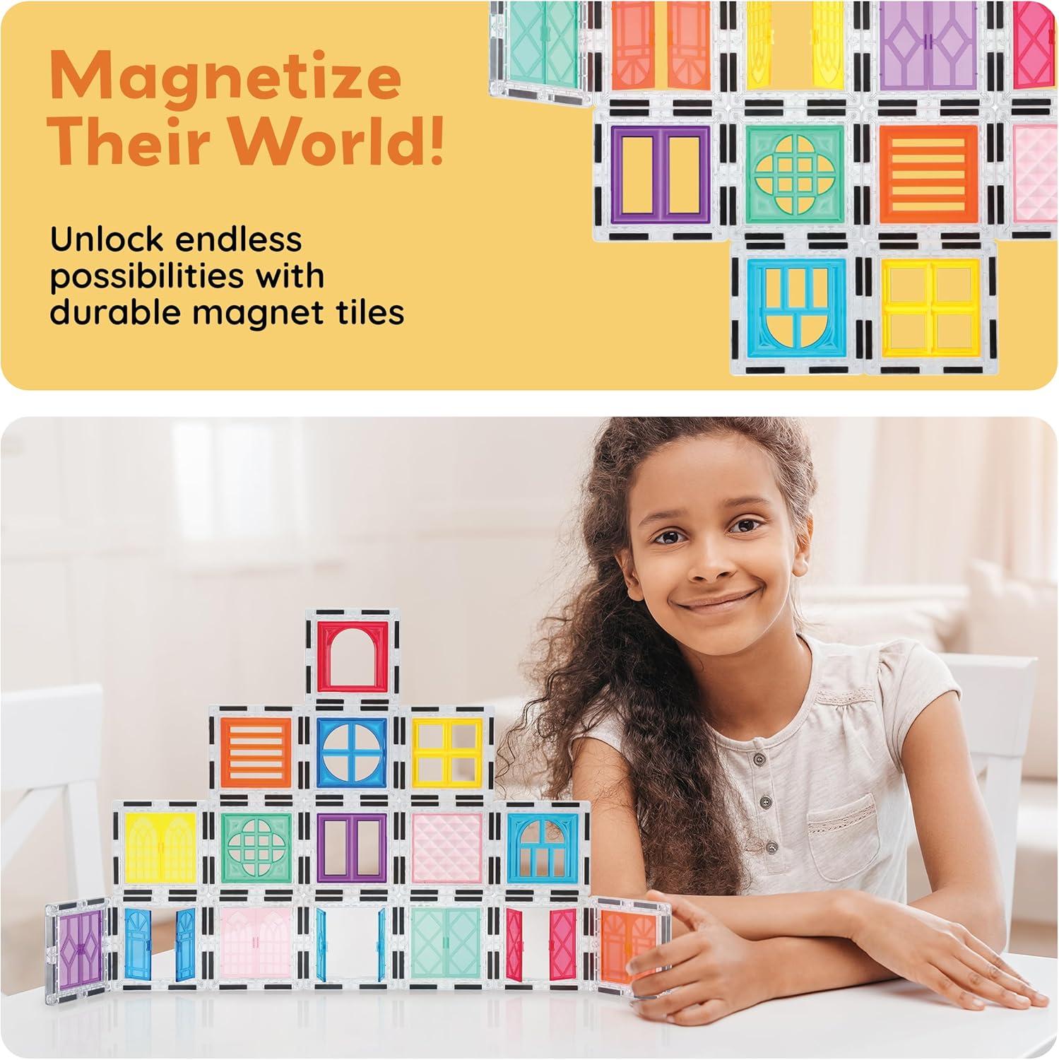 imagePicassoTiles 40pcs Magnetic Tiles Clipin Window and Door Expansion Set Magnetic Block Addons Magnet Building Construction Toys STEM Education Learning Block for Toddler Boys and Girls 3 PTW4030 Pcs Window and Door
