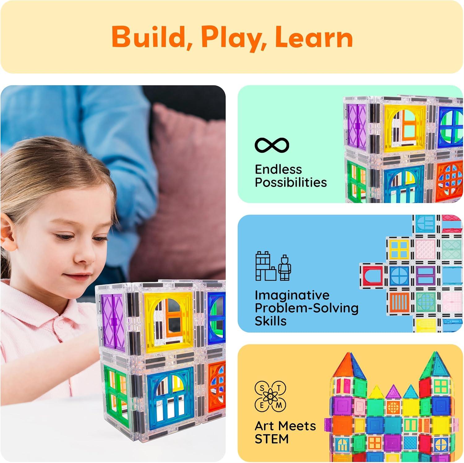 imagePicassoTiles 40pcs Magnetic Tiles Clipin Window and Door Expansion Set Magnetic Block Addons Magnet Building Construction Toys STEM Education Learning Block for Toddler Boys and Girls 3 PTW4030 Pcs Window and Door