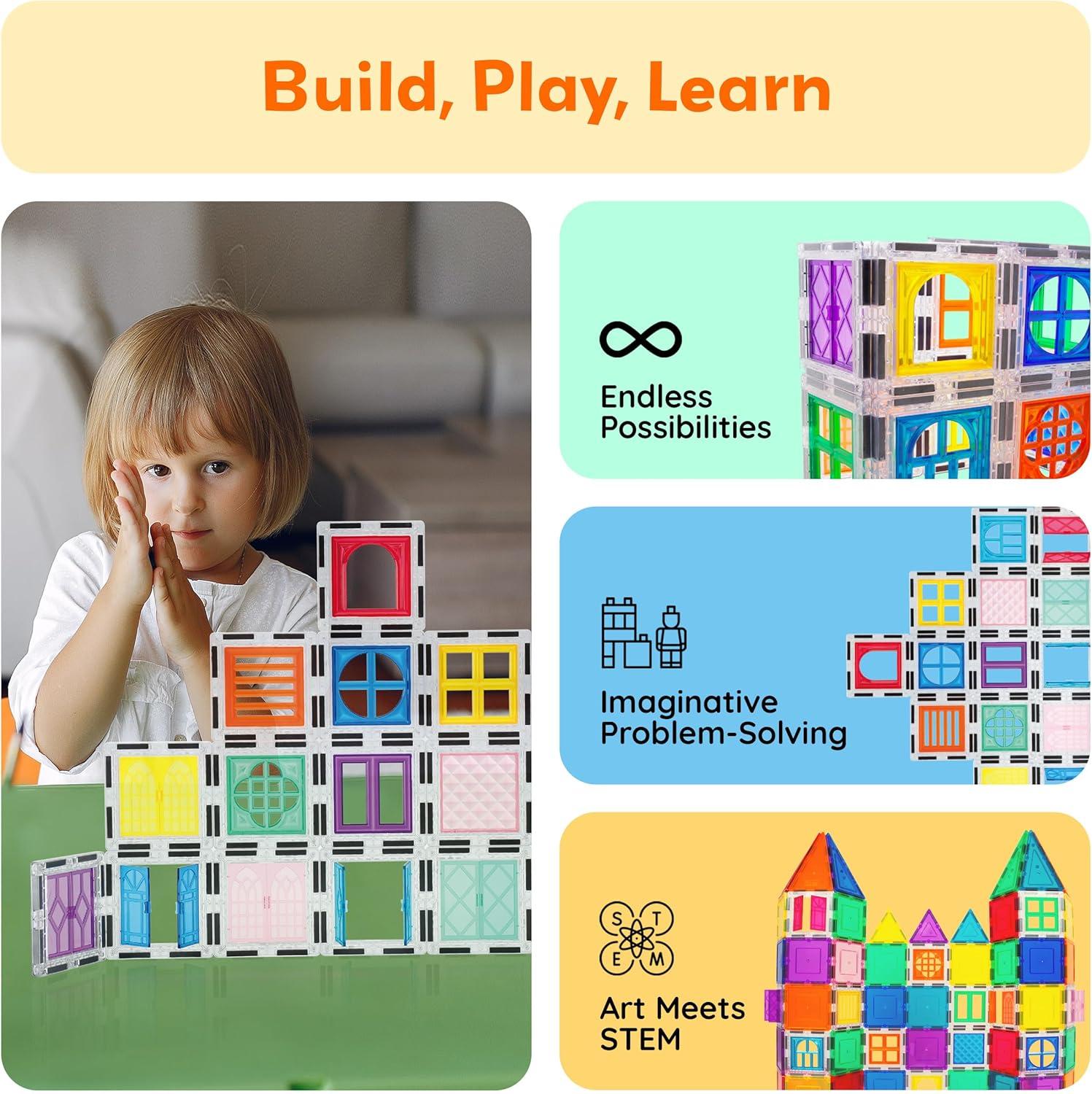 imagePicassoTiles 40pcs Magnetic Tiles Clipin Window and Door Expansion Set Magnetic Block Addons Magnet Building Construction Toys STEM Education Learning Block for Toddler Boys and Girls 3 PTW40Red