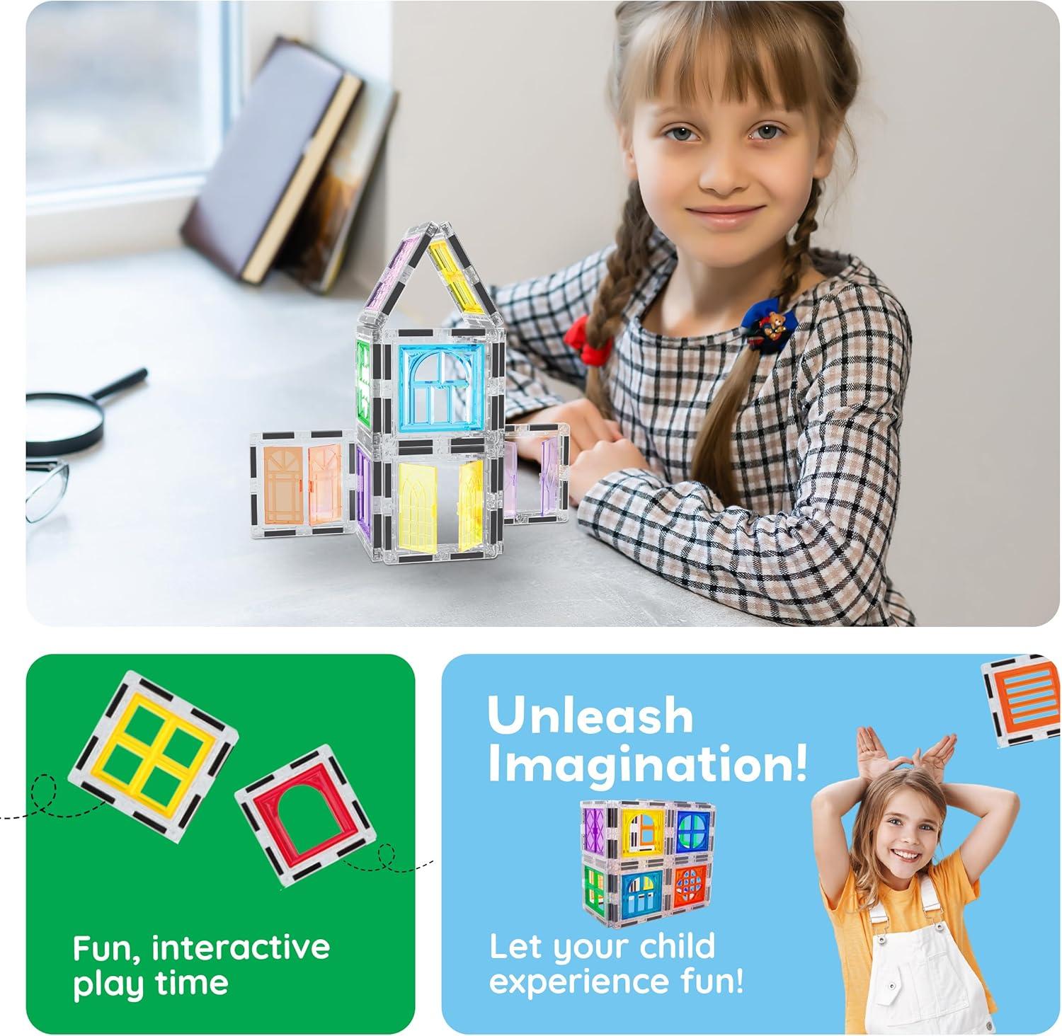 imagePicassoTiles 40pcs Magnetic Tiles Clipin Window and Door Expansion Set Magnetic Block Addons Magnet Building Construction Toys STEM Education Learning Block for Toddler Boys and Girls 3 PTW4030 Pcs Window and Door