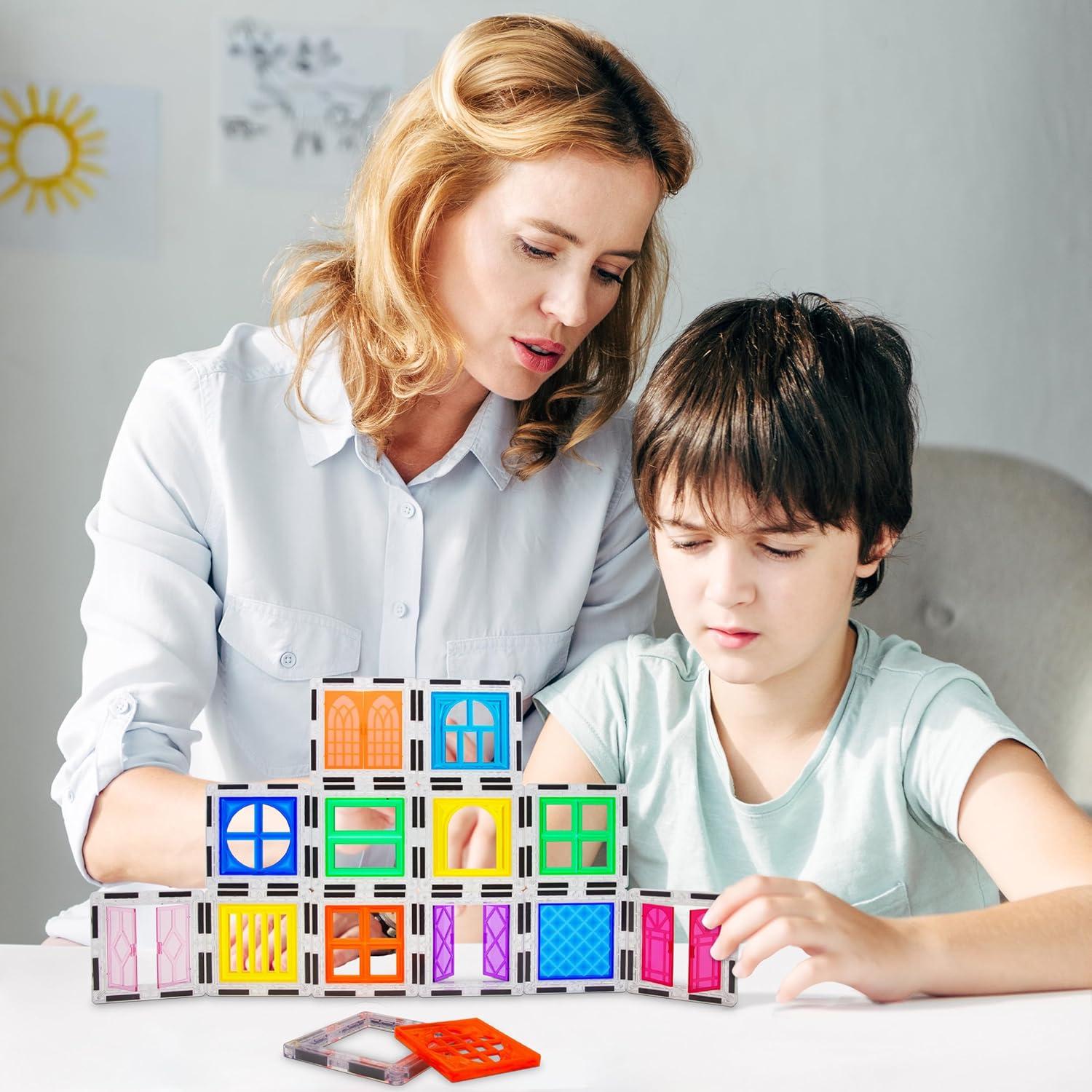imagePicassoTiles 40pcs Magnetic Tiles Clipin Window and Door Expansion Set Magnetic Block Addons Magnet Building Construction Toys STEM Education Learning Block for Toddler Boys and Girls 3 PTW4030 Pcs Window and Door