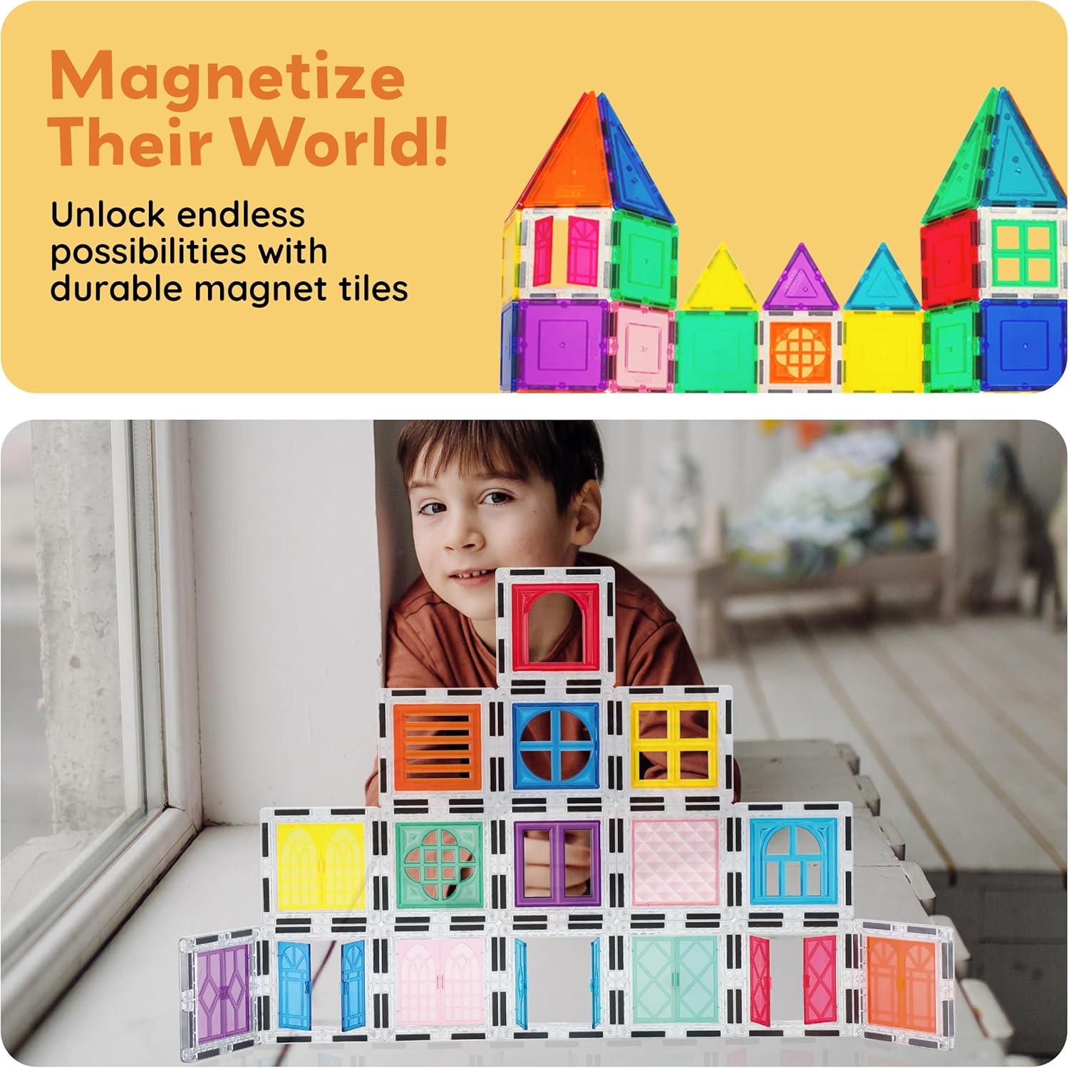imagePicassoTiles 40pcs Magnetic Tiles Clipin Window and Door Expansion Set Magnetic Block Addons Magnet Building Construction Toys STEM Education Learning Block for Toddler Boys and Girls 3 PTW40Red