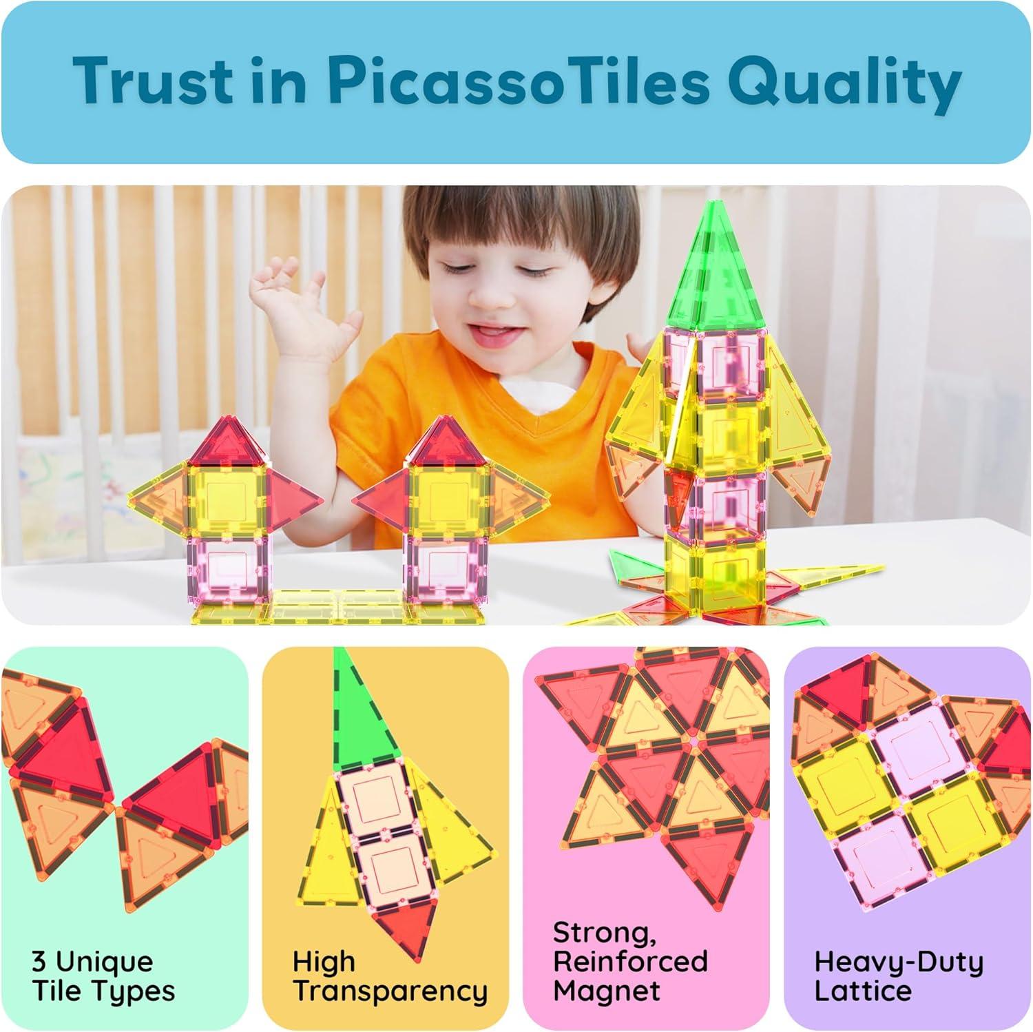 imagePicassoTiles Magnetic Building Blocks with Tiles and Clickin Educational Graphic Arts Magnet Construction Toy Set STEM Learning Playset Child Brain Development Stacking PlayboardSquare Triangle 12 Pc