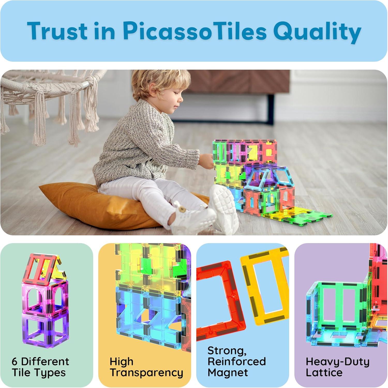 imagePicassoTiles Magnetic Building Blocks with Tiles and Clickin Educational Graphic Arts Magnet Construction Toy Set STEM Learning Playset Child Brain Development Stacking PlayboardSeethrough Shape