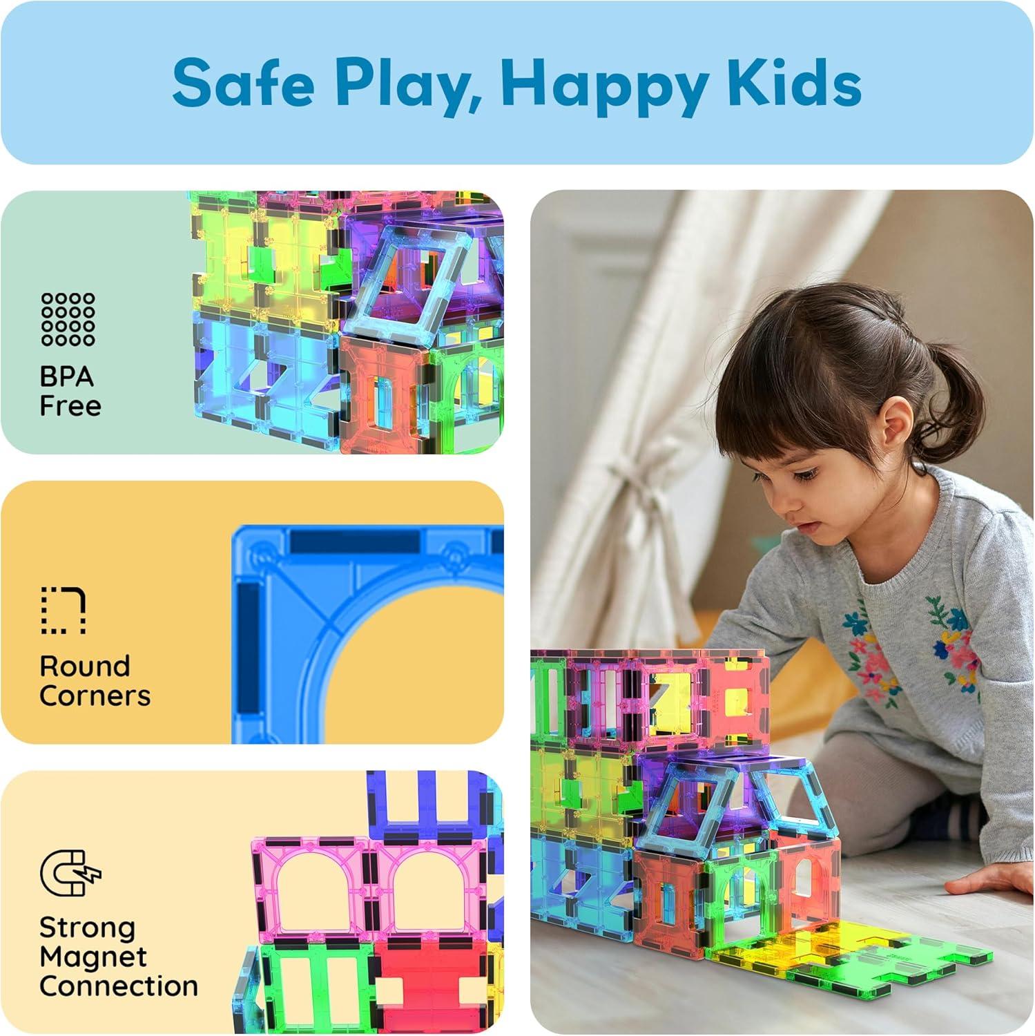 imagePicassoTiles Magnetic Building Blocks with Tiles and Clickin Educational Graphic Arts Magnet Construction Toy Set STEM Learning Playset Child Brain Development Stacking PlayboardSeethrough Shape