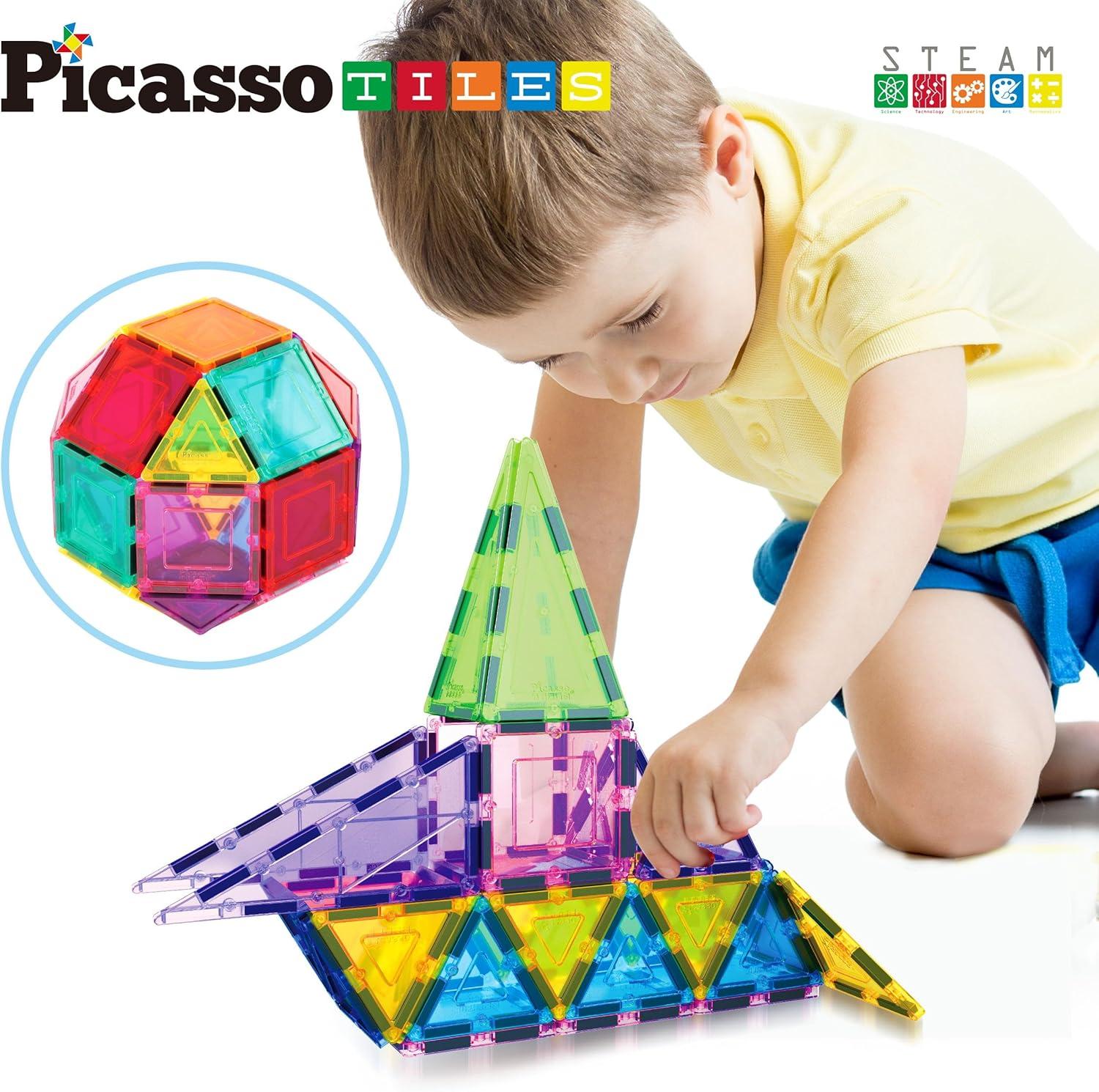 imagePicassoTiles Magnetic Building Blocks with Tiles and Clickin Educational Graphic Arts Magnet Construction Toy Set STEM Learning Playset Child Brain Development Stacking PlayboardSquare Triangle 36pc
