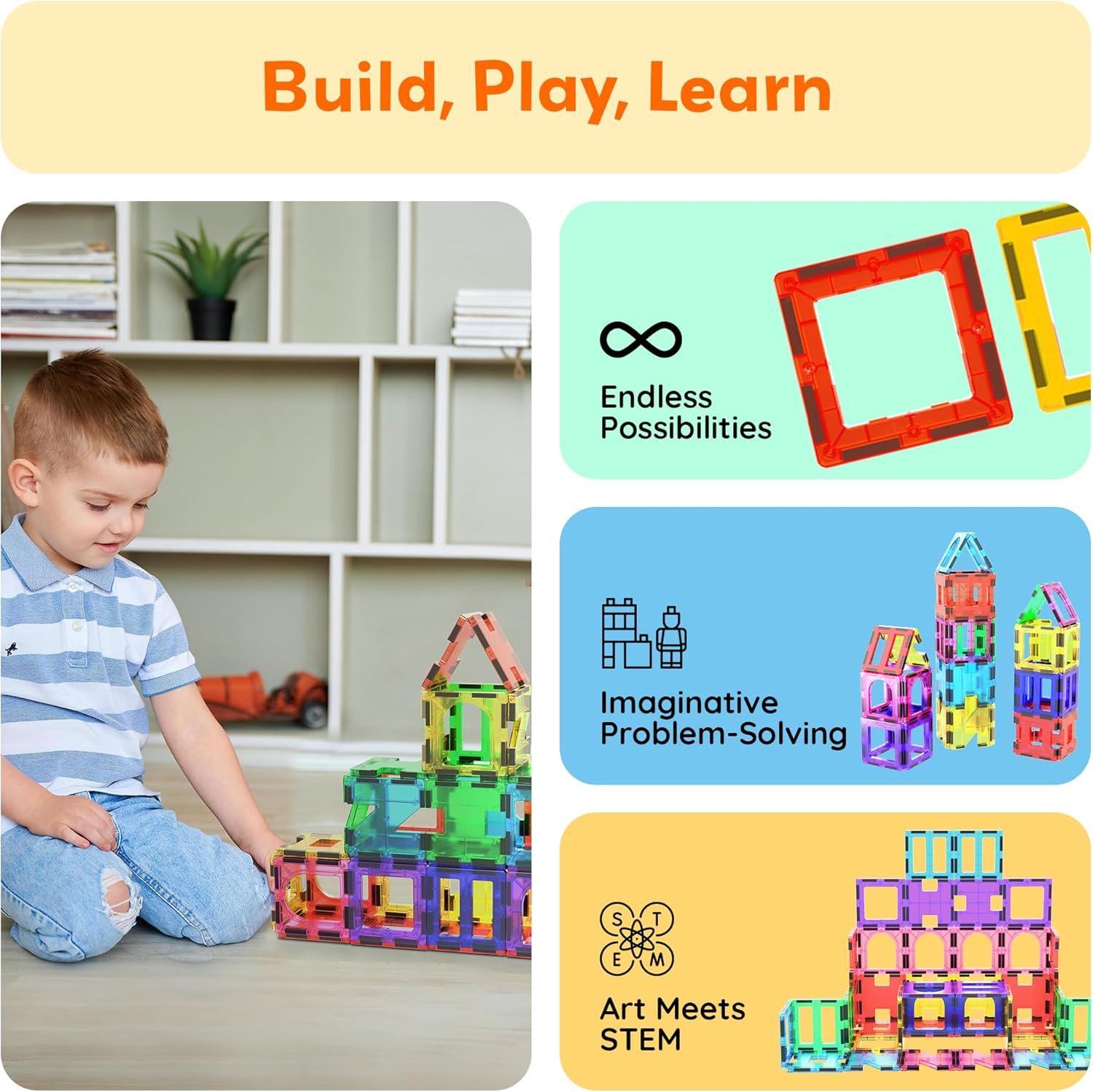imagePicassoTiles Magnetic Building Blocks with Tiles and Clickin Educational Graphic Arts Magnet Construction Toy Set STEM Learning Playset Child Brain Development Stacking PlayboardSeethrough Shape