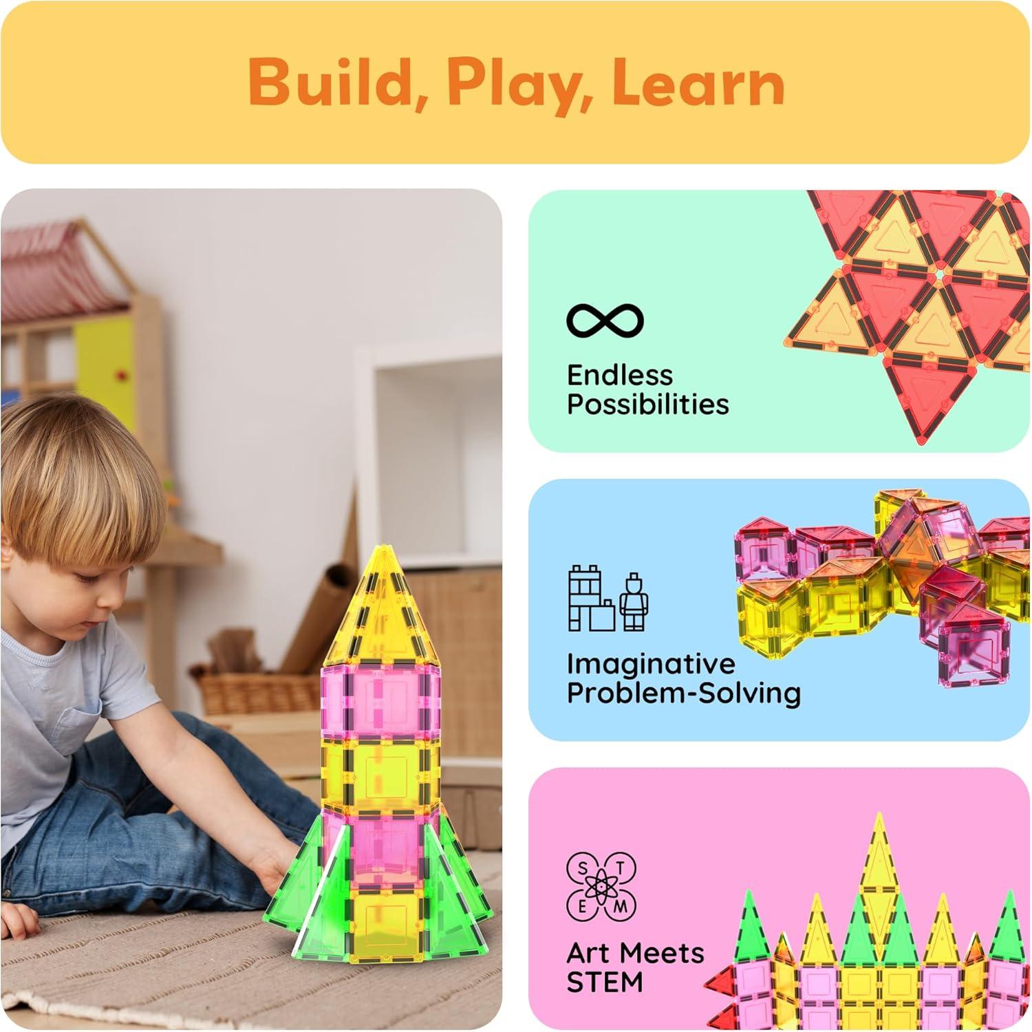 imagePicassoTiles Magnetic Building Blocks with Tiles and Clickin Educational Graphic Arts Magnet Construction Toy Set STEM Learning Playset Child Brain Development Stacking PlayboardSquare Triangle 12 Pc