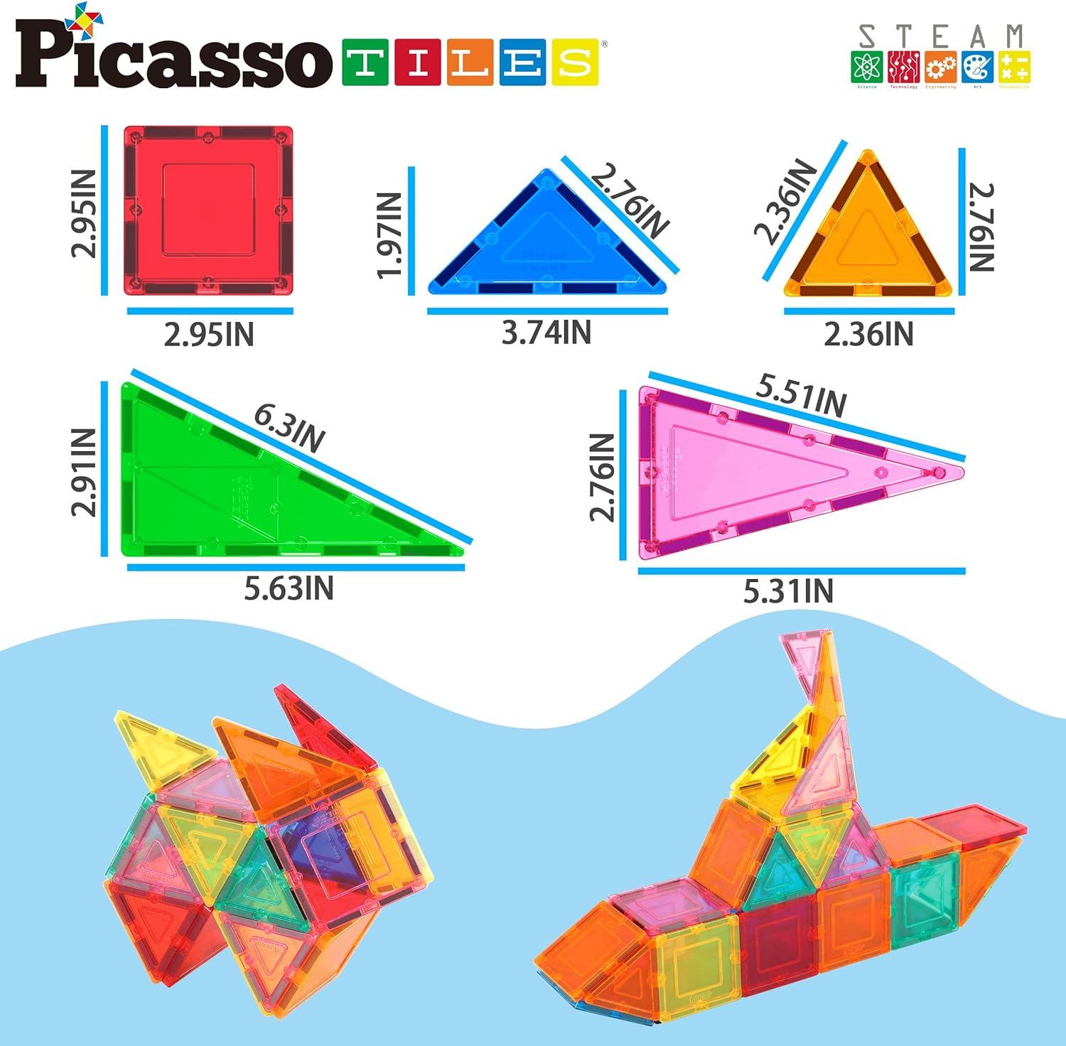 imagePicassoTiles Magnetic Building Blocks with Tiles and Clickin Educational Graphic Arts Magnet Construction Toy Set STEM Learning Playset Child Brain Development Stacking PlayboardSquare Triangle 36pc