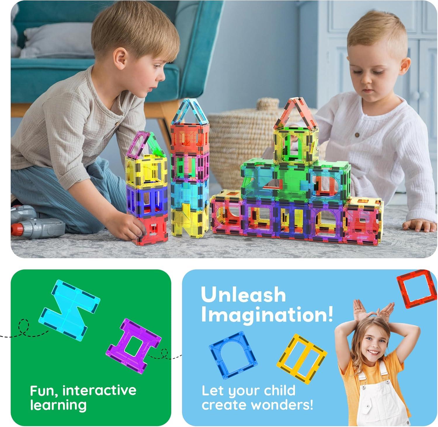 imagePicassoTiles Magnetic Building Blocks with Tiles and Clickin Educational Graphic Arts Magnet Construction Toy Set STEM Learning Playset Child Brain Development Stacking PlayboardSeethrough Shape