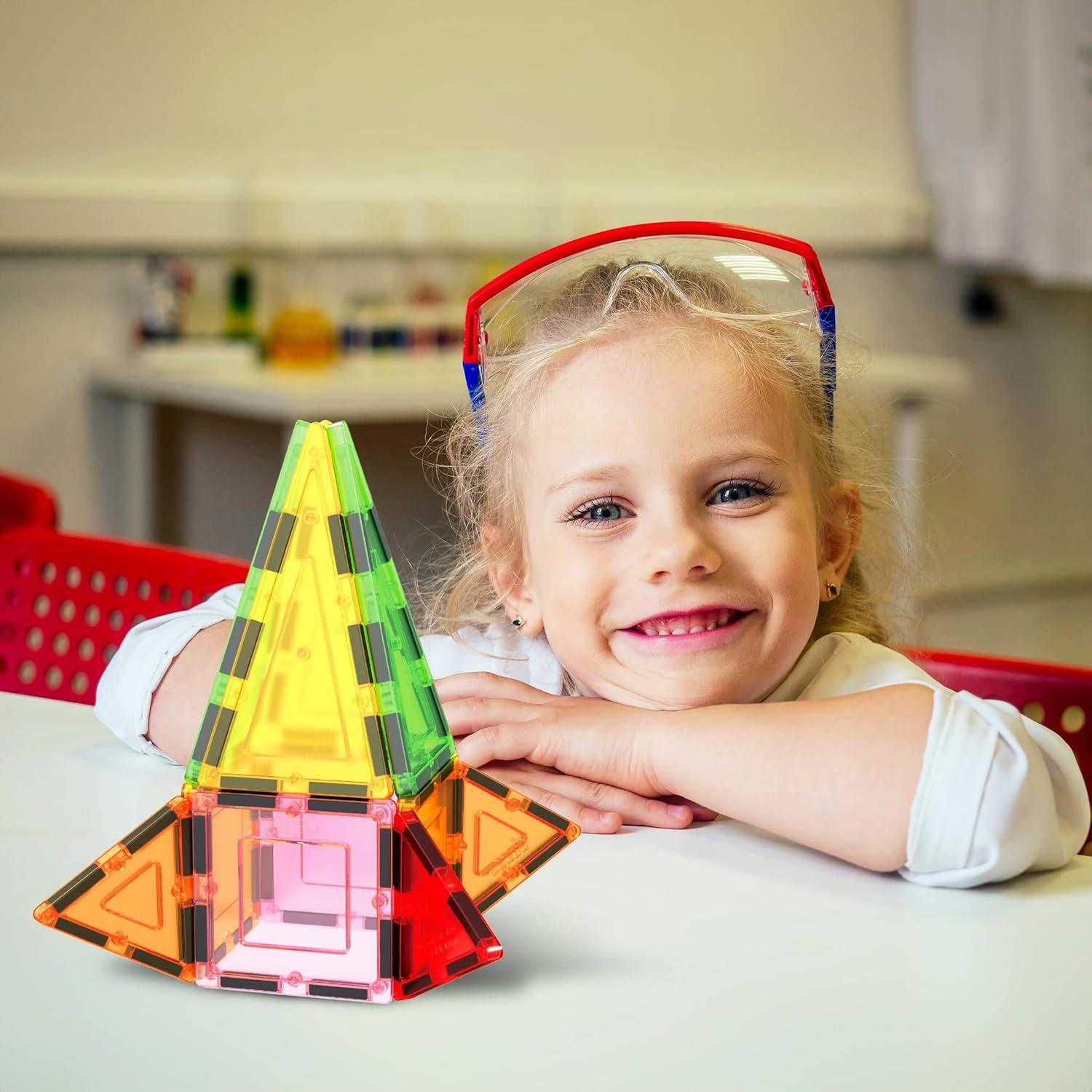 imagePicassoTiles Magnetic Building Blocks with Tiles and Clickin Educational Graphic Arts Magnet Construction Toy Set STEM Learning Playset Child Brain Development Stacking PlayboardSquare Triangle 12 Pc