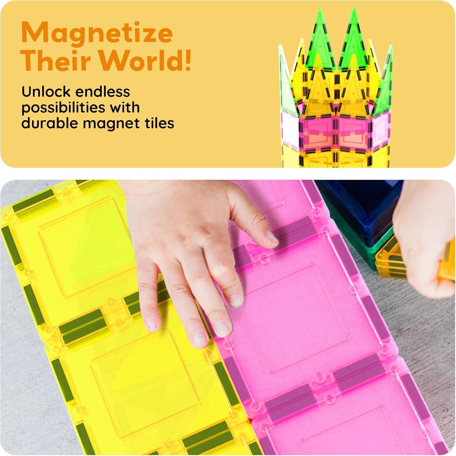 imagePicassoTiles Magnetic Building Blocks with Tiles and Clickin Educational Graphic Arts Magnet Construction Toy Set STEM Learning Playset Child Brain Development Stacking PlayboardSquare Triangle 12 Pc