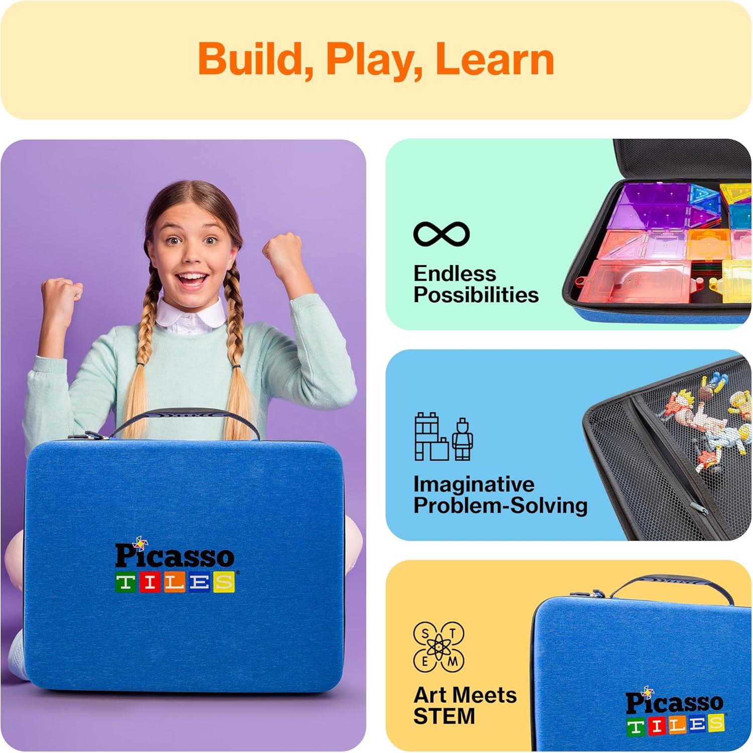 imagePicassoTiles Magnetic Tile Storage Case 165x75x35in Travel Carry Bag with Handle Water Resistant Organizer Compatible with Magnet Building Block Sets STEM Educational Accessories Oxford Cloth PTA10Large Carry Case