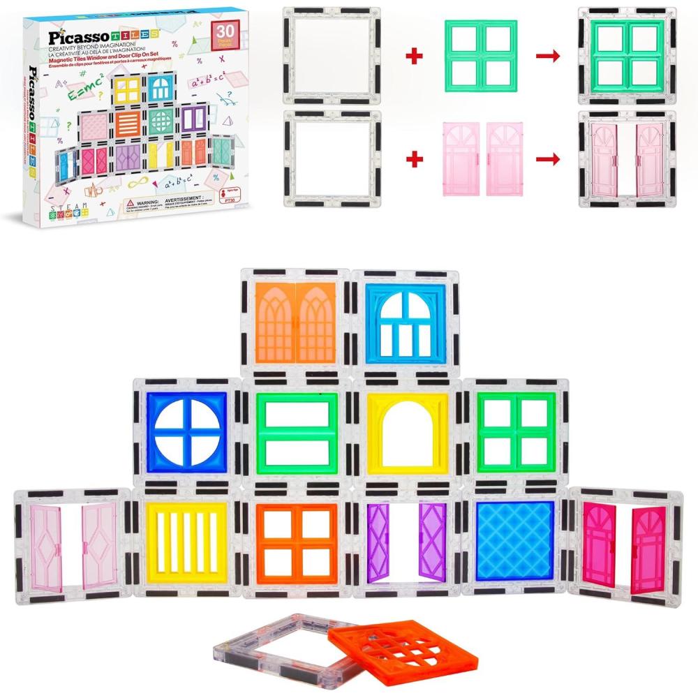 imagePicassoTiles 40pcs Magnetic Tiles Clipin Window and Door Expansion Set Magnetic Block Addons Magnet Building Construction Toys STEM Education Learning Block for Toddler Boys and Girls 3 PTW4030 Pcs Window and Door