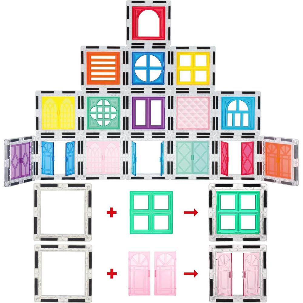 imagePicassoTiles 40pcs Magnetic Tiles Clipin Window and Door Expansion Set Magnetic Block Addons Magnet Building Construction Toys STEM Education Learning Block for Toddler Boys and Girls 3 PTW40Red