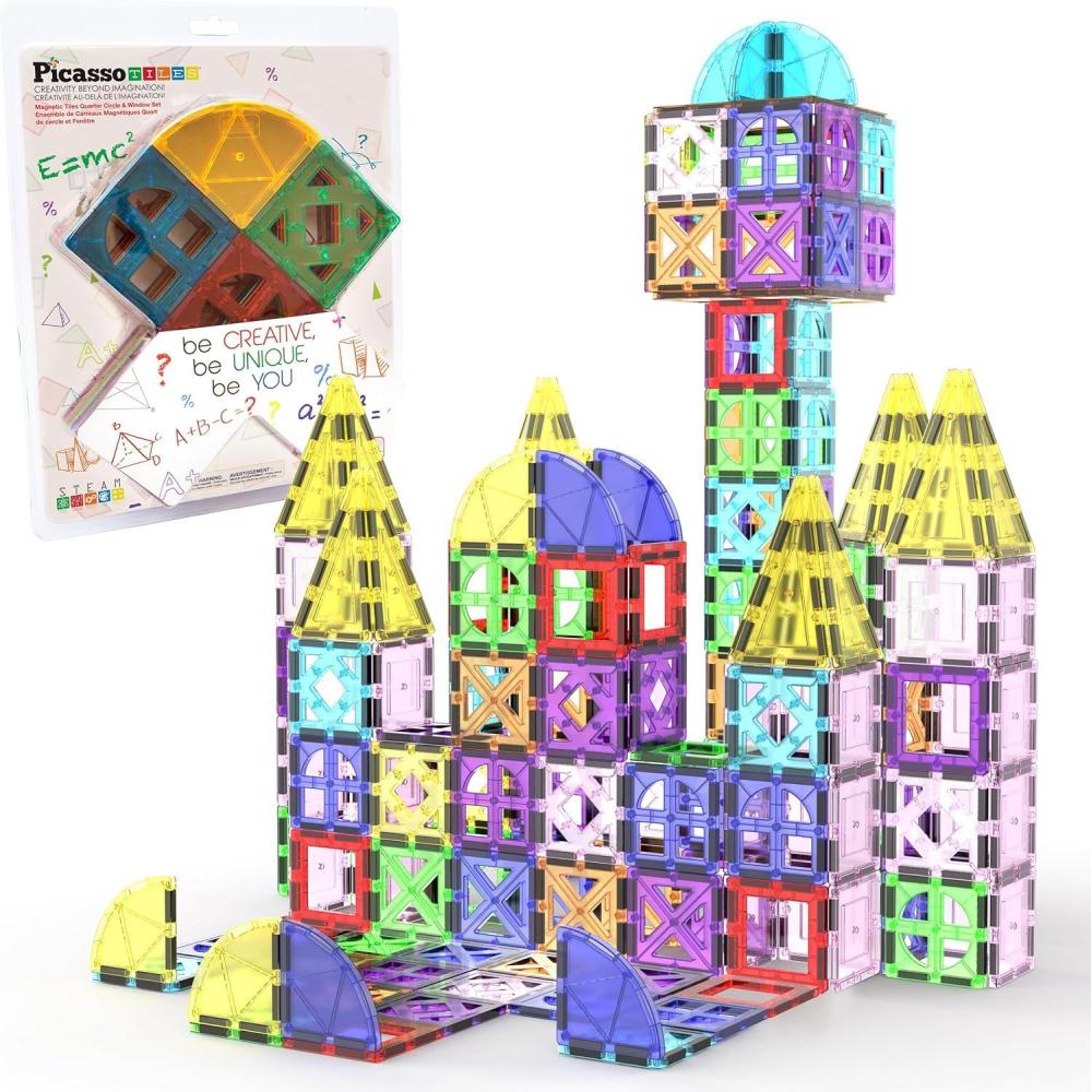 imagePicassoTiles Magnetic Building Blocks with Tiles and Clickin Educational Graphic Arts Magnet Construction Toy Set STEM Learning Playset Child Brain Development Stacking PlayboardQuarter Round and Window Set