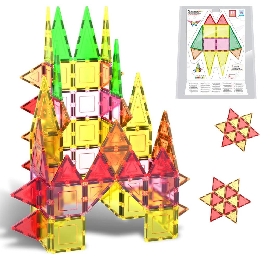 imagePicassoTiles Magnetic Building Blocks with Tiles and Clickin Educational Graphic Arts Magnet Construction Toy Set STEM Learning Playset Child Brain Development Stacking PlayboardSquare Triangle 12 Pc