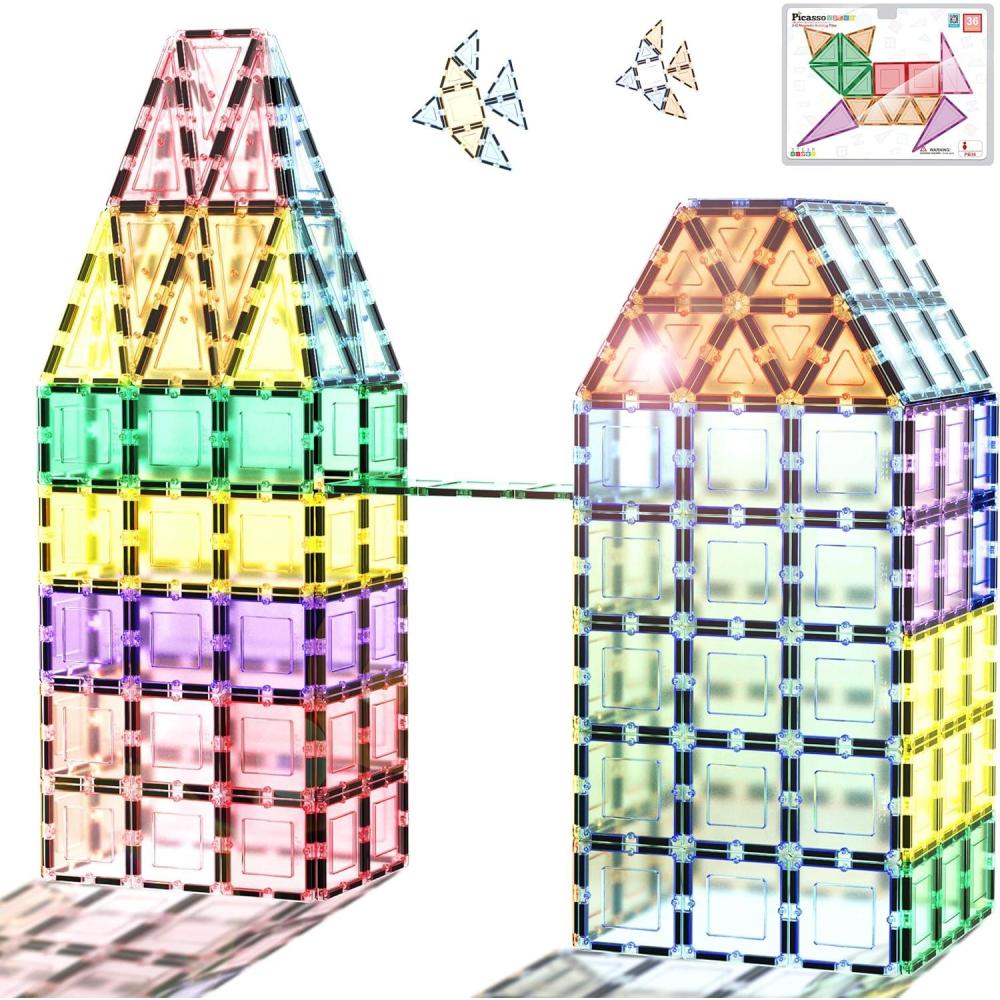 imagePicassoTiles Magnetic Building Blocks with Tiles and Clickin Educational Graphic Arts Magnet Construction Toy Set STEM Learning Playset Child Brain Development Stacking PlayboardSquare Triangle 36pc