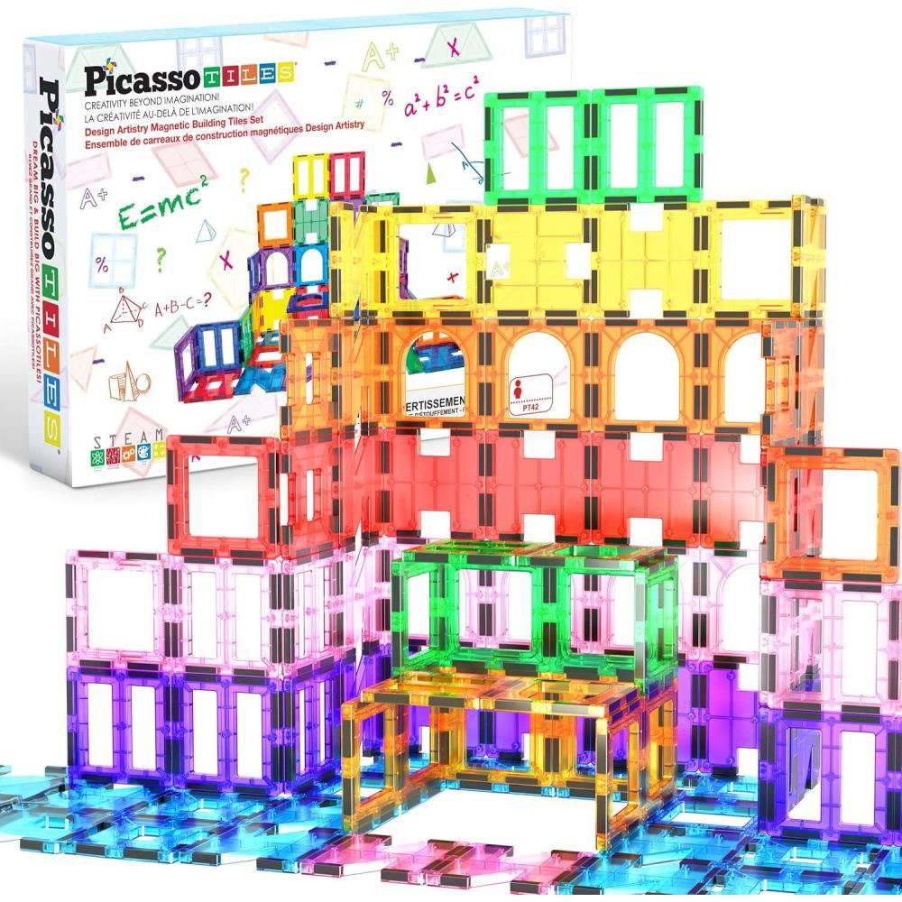 imagePicassoTiles Magnetic Building Blocks with Tiles and Clickin Educational Graphic Arts Magnet Construction Toy Set STEM Learning Playset Child Brain Development Stacking PlayboardSeethrough Shape