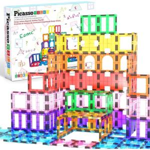 imagePicassoTiles Magnetic Building Blocks with Tiles and Clickin Educational Graphic Arts Magnet Construction Toy Set STEM Learning Playset Child Brain Development Stacking PlayboardSeethrough Shape