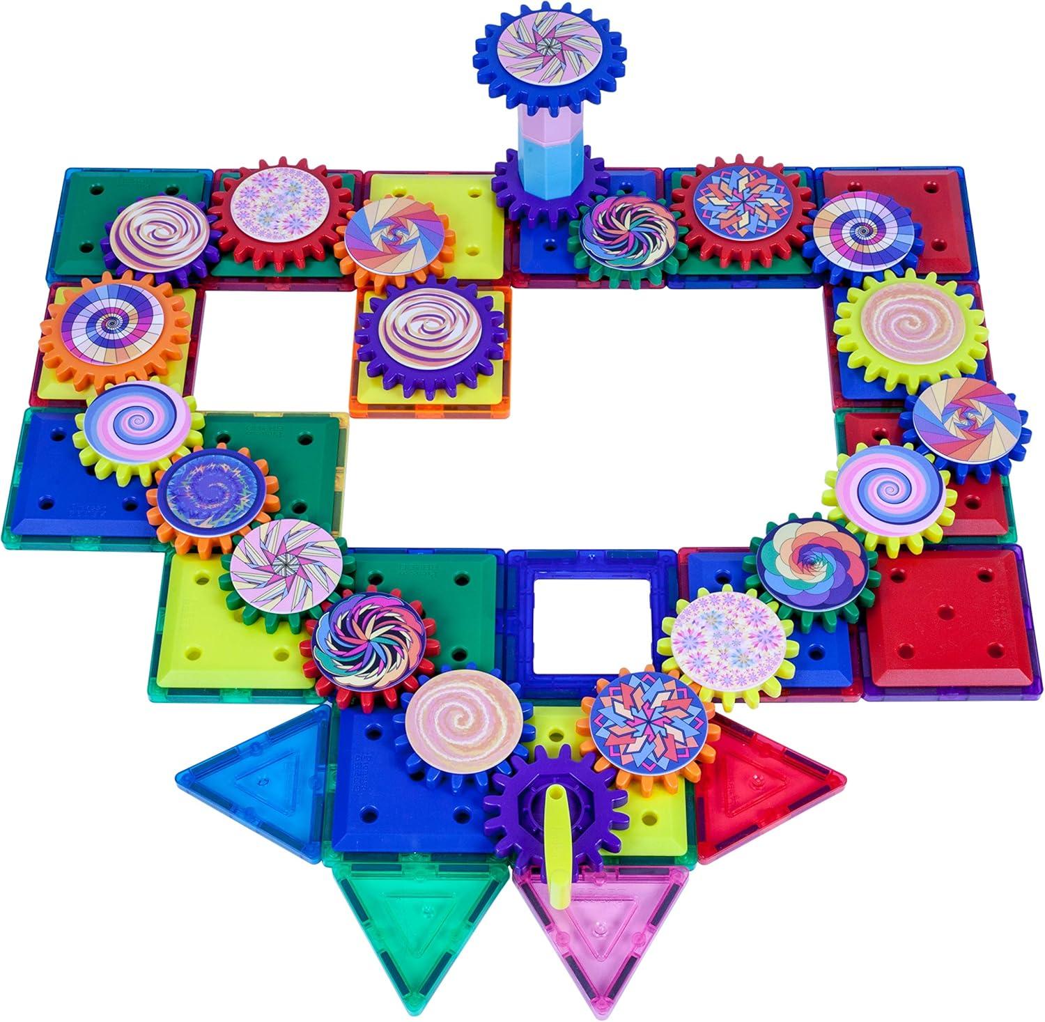 imagePicassoTiles 101 Master Builder Magnetic Building Block Toy Set Construction Magnet Tile Blocks Education Toys with 22 Optical Illusion Spinning Disk 27 Gear Wheels and Engineering Columns PTW101