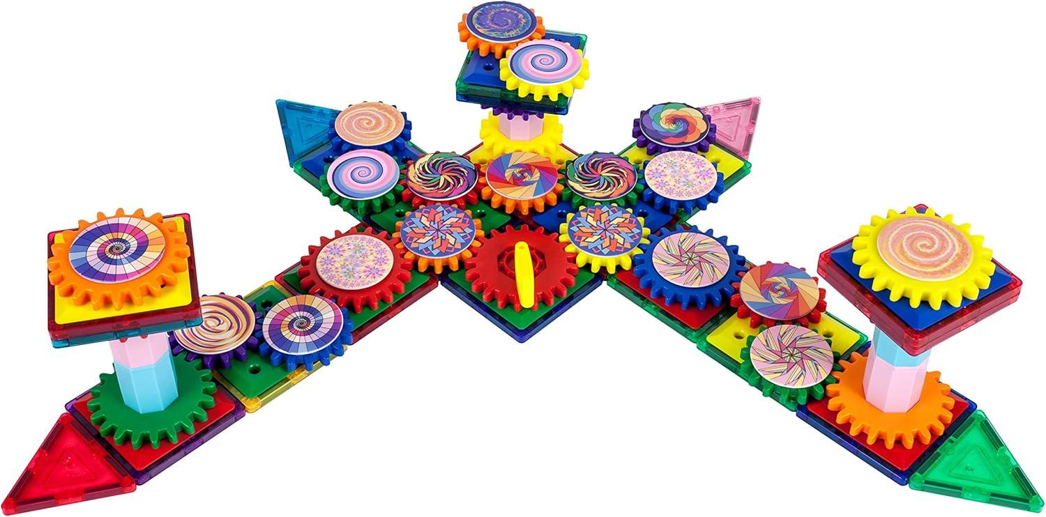 imagePicassoTiles 101 Master Builder Magnetic Building Block Toy Set Construction Magnet Tile Blocks Education Toys with 22 Optical Illusion Spinning Disk 27 Gear Wheels and Engineering Columns PTW101