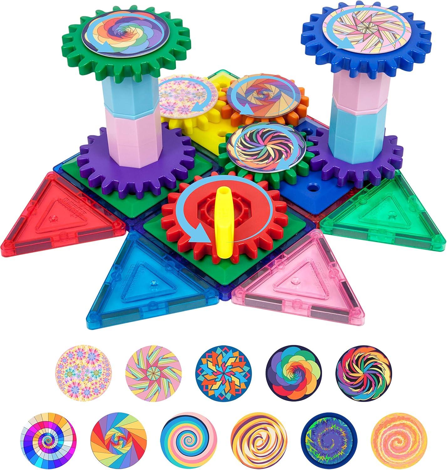 imagePicassoTiles 101 Master Builder Magnetic Building Block Toy Set Construction Magnet Tile Blocks Education Toys with 22 Optical Illusion Spinning Disk 27 Gear Wheels and Engineering Columns PTW101