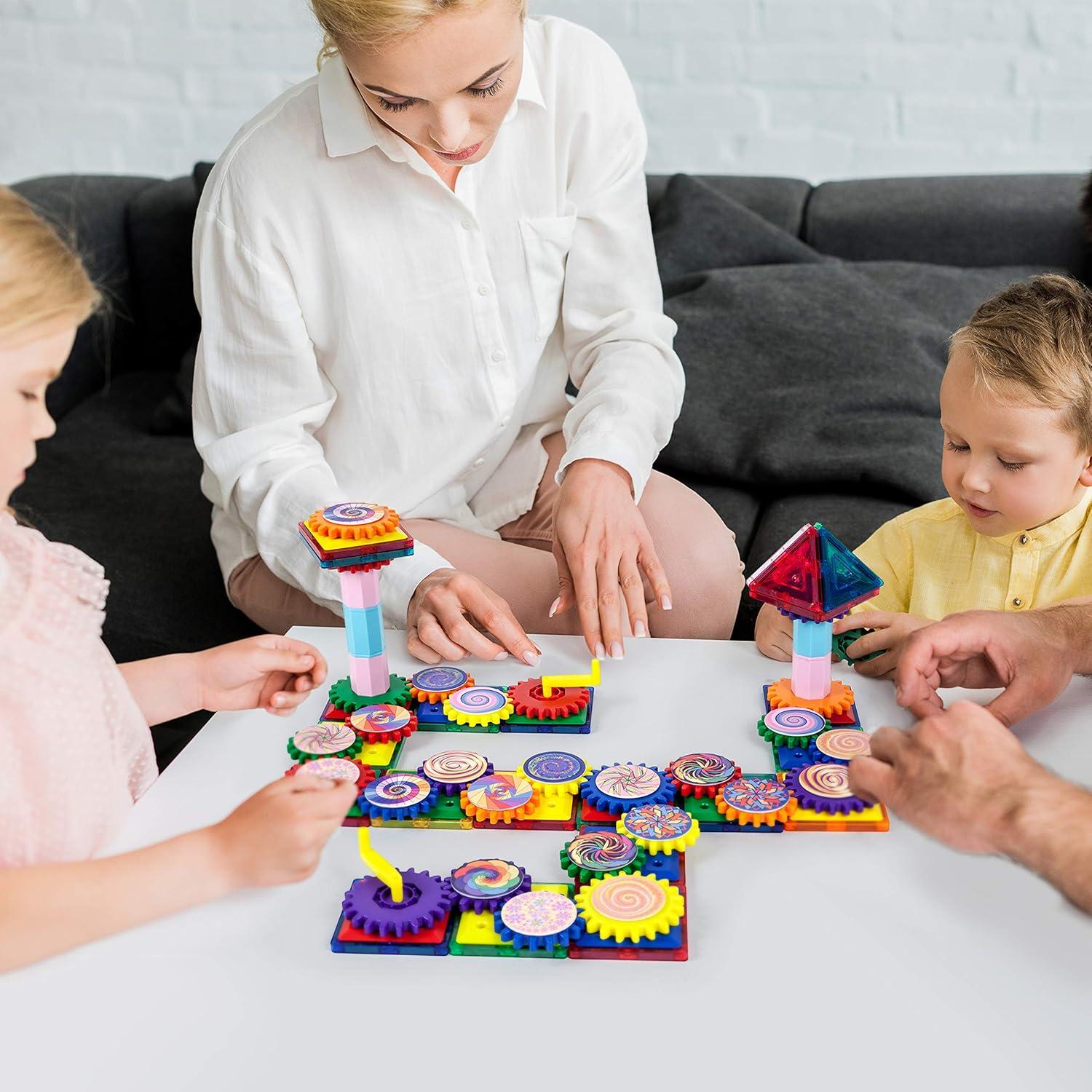 imagePicassoTiles 101 Master Builder Magnetic Building Block Toy Set Construction Magnet Tile Blocks Education Toys with 22 Optical Illusion Spinning Disk 27 Gear Wheels and Engineering Columns PTW101