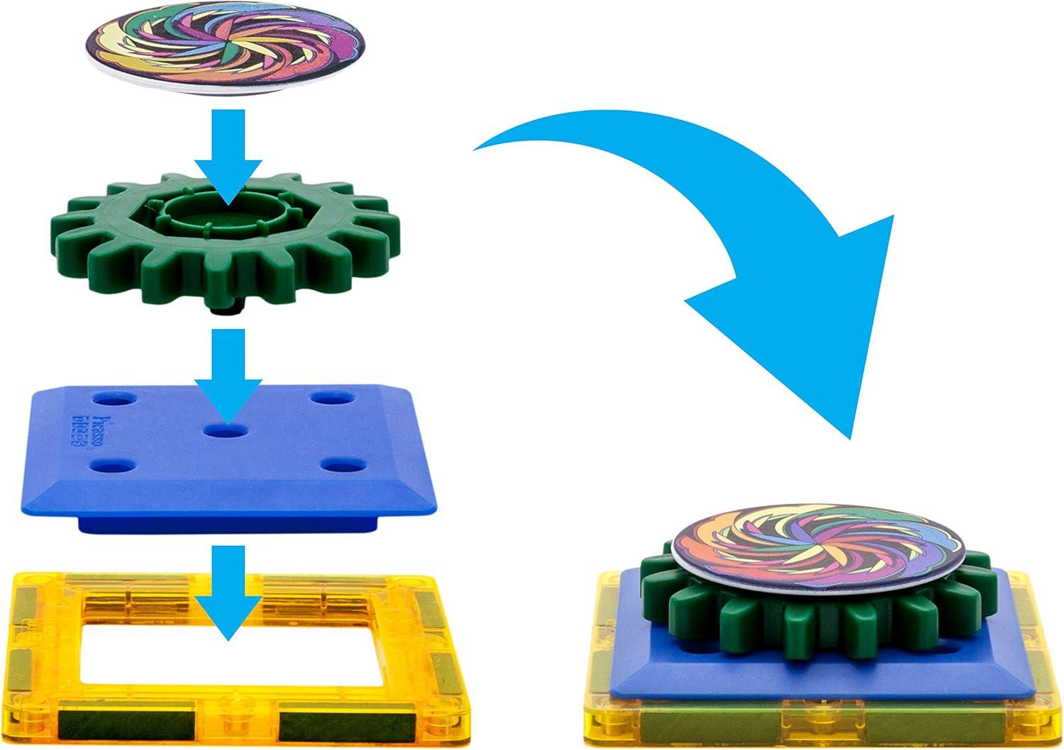 imagePicassoTiles 101 Master Builder Magnetic Building Block Toy Set Construction Magnet Tile Blocks Education Toys with 22 Optical Illusion Spinning Disk 27 Gear Wheels and Engineering Columns PTW101