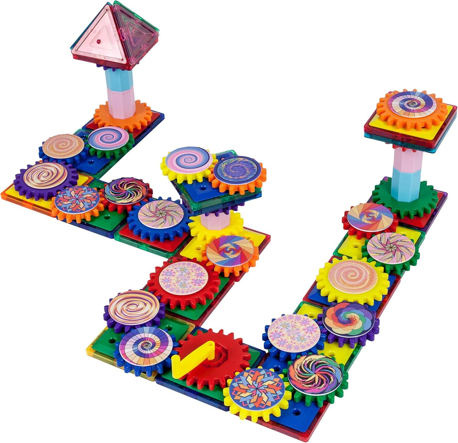 imagePicassoTiles 101 Master Builder Magnetic Building Block Toy Set Construction Magnet Tile Blocks Education Toys with 22 Optical Illusion Spinning Disk 27 Gear Wheels and Engineering Columns PTW101