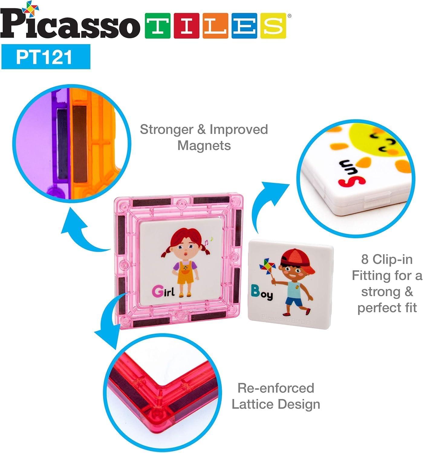 imagePicassoTiles 121 pc Master Builder Magnetic Building Block Construction Set Magnet Tiles Blocks with Car Truck 2 Character Action Figures 28 Educational Alphabet Animal and Number Graphics Windmill
