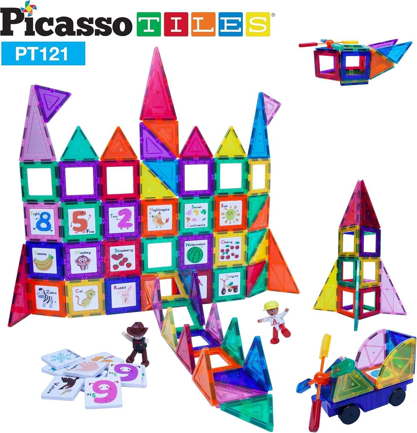 imagePicassoTiles 121 pc Master Builder Magnetic Building Block Construction Set Magnet Tiles Blocks with Car Truck 2 Character Action Figures 28 Educational Alphabet Animal and Number Graphics Windmill