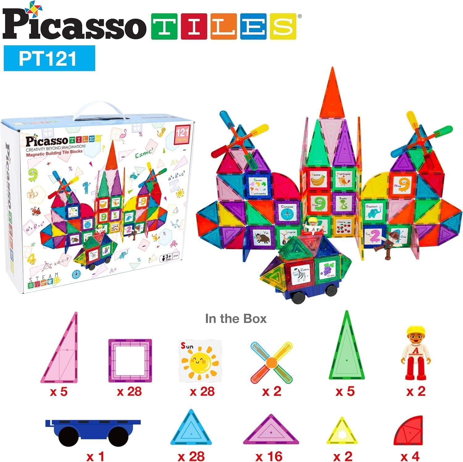 imagePicassoTiles 121 pc Master Builder Magnetic Building Block Construction Set Magnet Tiles Blocks with Car Truck 2 Character Action Figures 28 Educational Alphabet Animal and Number Graphics Windmill