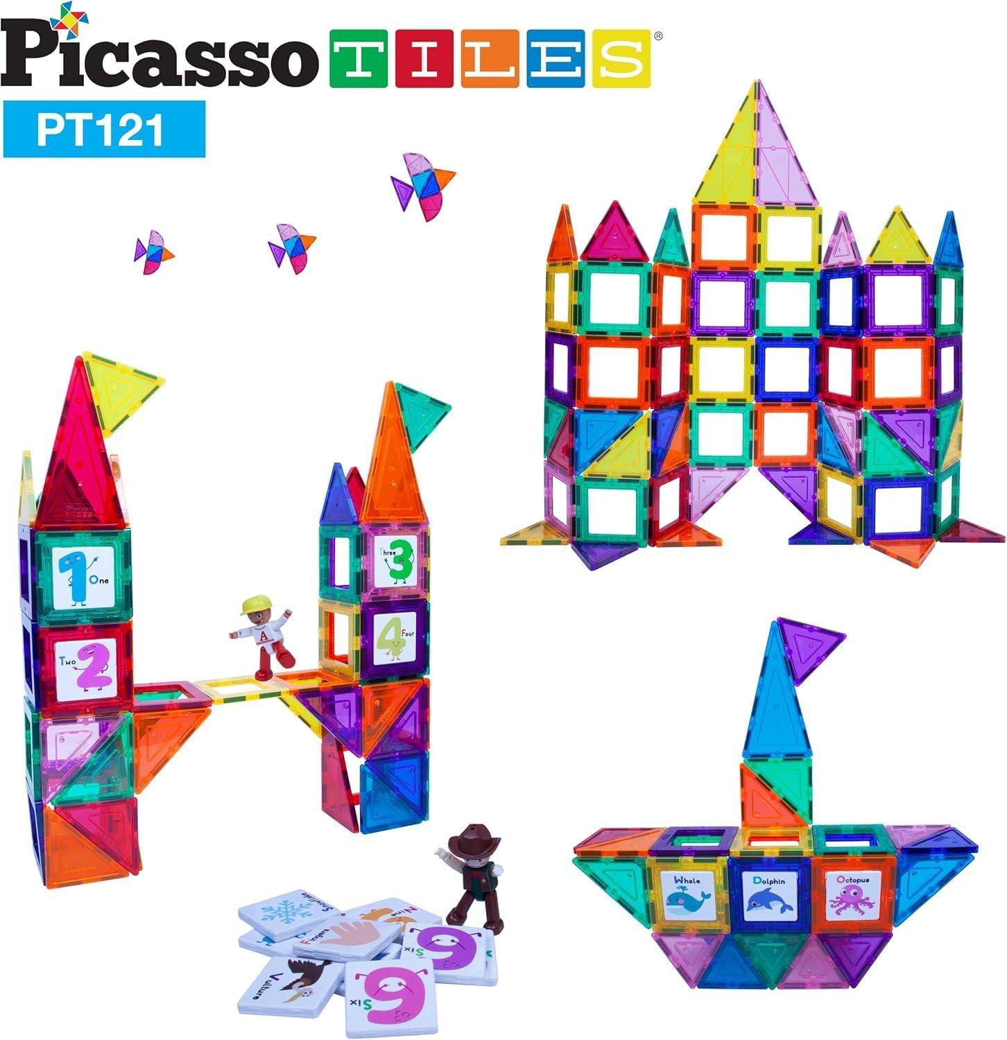 imagePicassoTiles 121 pc Master Builder Magnetic Building Block Construction Set Magnet Tiles Blocks with Car Truck 2 Character Action Figures 28 Educational Alphabet Animal and Number Graphics Windmill