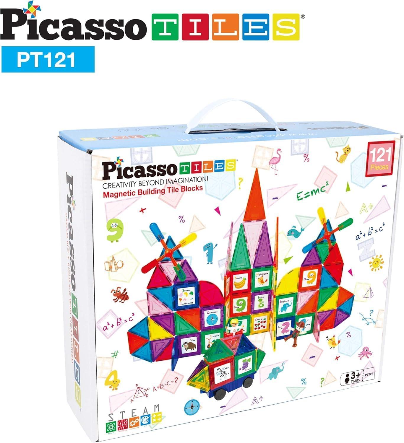 imagePicassoTiles 121 pc Master Builder Magnetic Building Block Construction Set Magnet Tiles Blocks with Car Truck 2 Character Action Figures 28 Educational Alphabet Animal and Number Graphics Windmill
