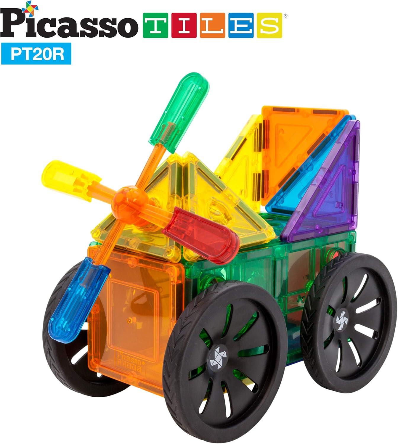 imagePicassoTiles 20 Piece Magnetic Building Blocks with Detachable Wheels and Windmill Clickin Inserts Magnet Construction Toy Car Set STEM Learning Kit Educational Playset Child Brain Development PT20R