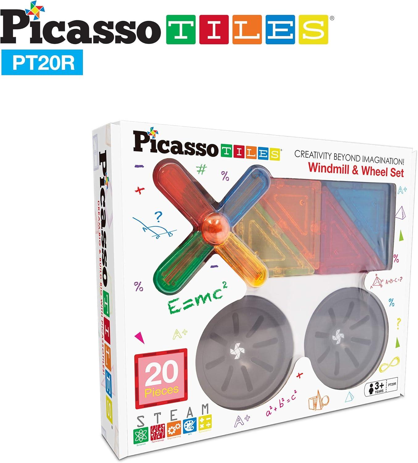 imagePicassoTiles 20 Piece Magnetic Building Blocks with Detachable Wheels and Windmill Clickin Inserts Magnet Construction Toy Car Set STEM Learning Kit Educational Playset Child Brain Development PT20R