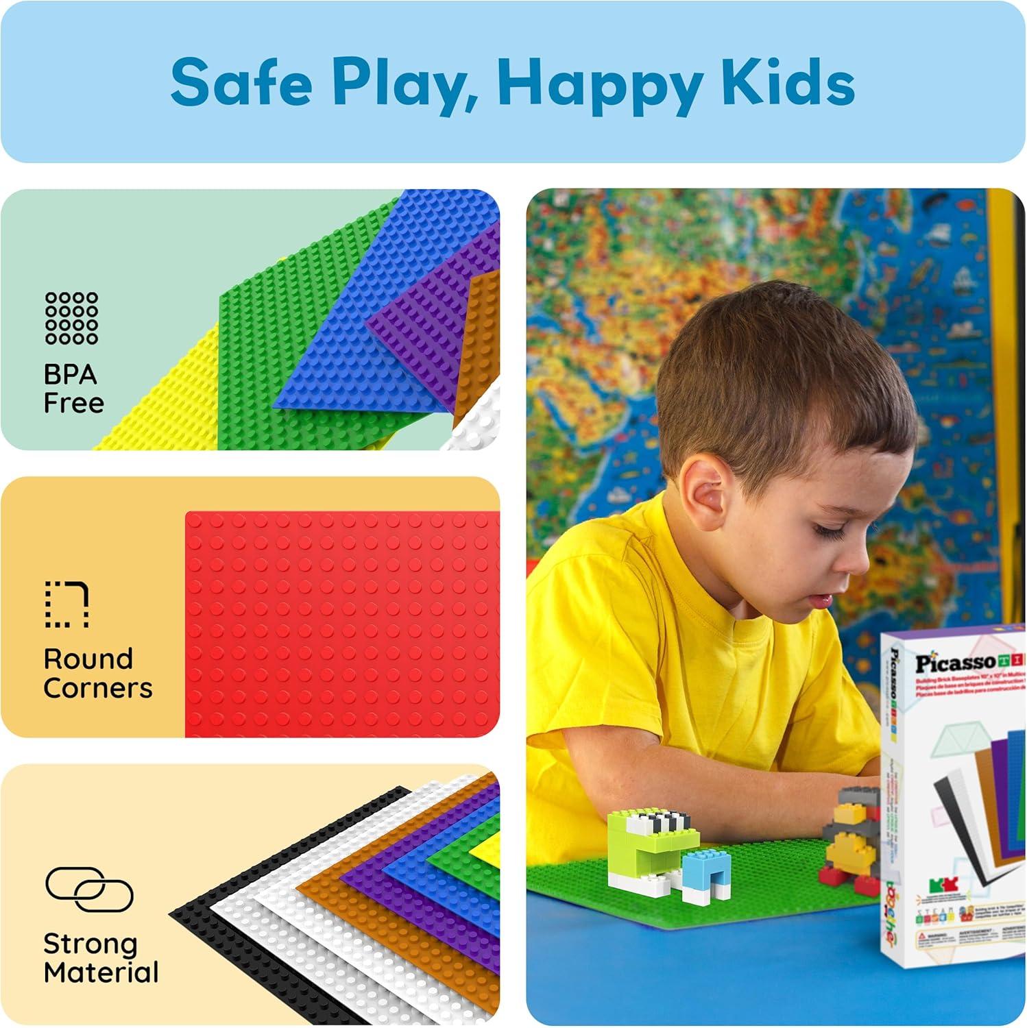 imagePicassoTiles 200 Piece Large Construction Brick Building Blocks STEM Bricks Toy Set Creative Learning Early Education Playset 5 Colors 4 Unique Shapes Mix ampamp Match Toys for Kids Boys Girls Child Age 3Brick Baseplate 10 Pack 10x10